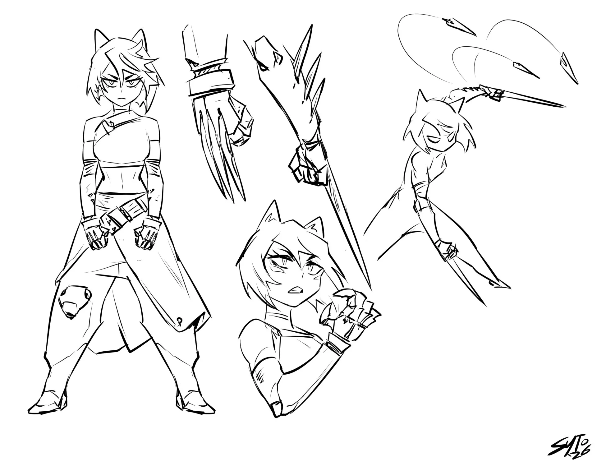 Some concepts for Julie's combat. I had the idea of prosthetic arm blades + smart knives that she could command remotely.