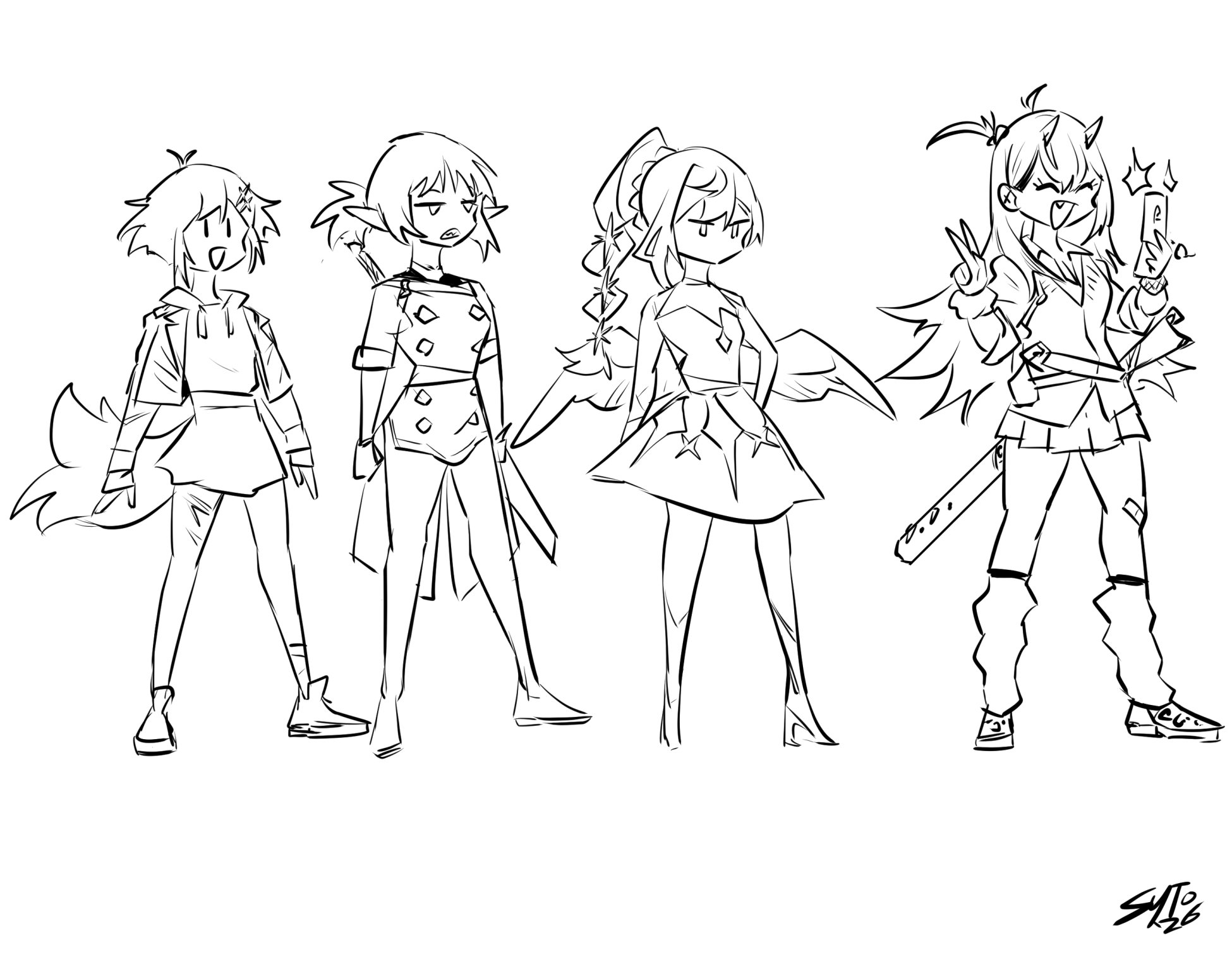 Initial lineup. I regularly draw the main characters in a row together - it helps me visualise them together and go back and forth between them adjusting their overall designs.
Left to right: MC, Julie, Vise, Helia.