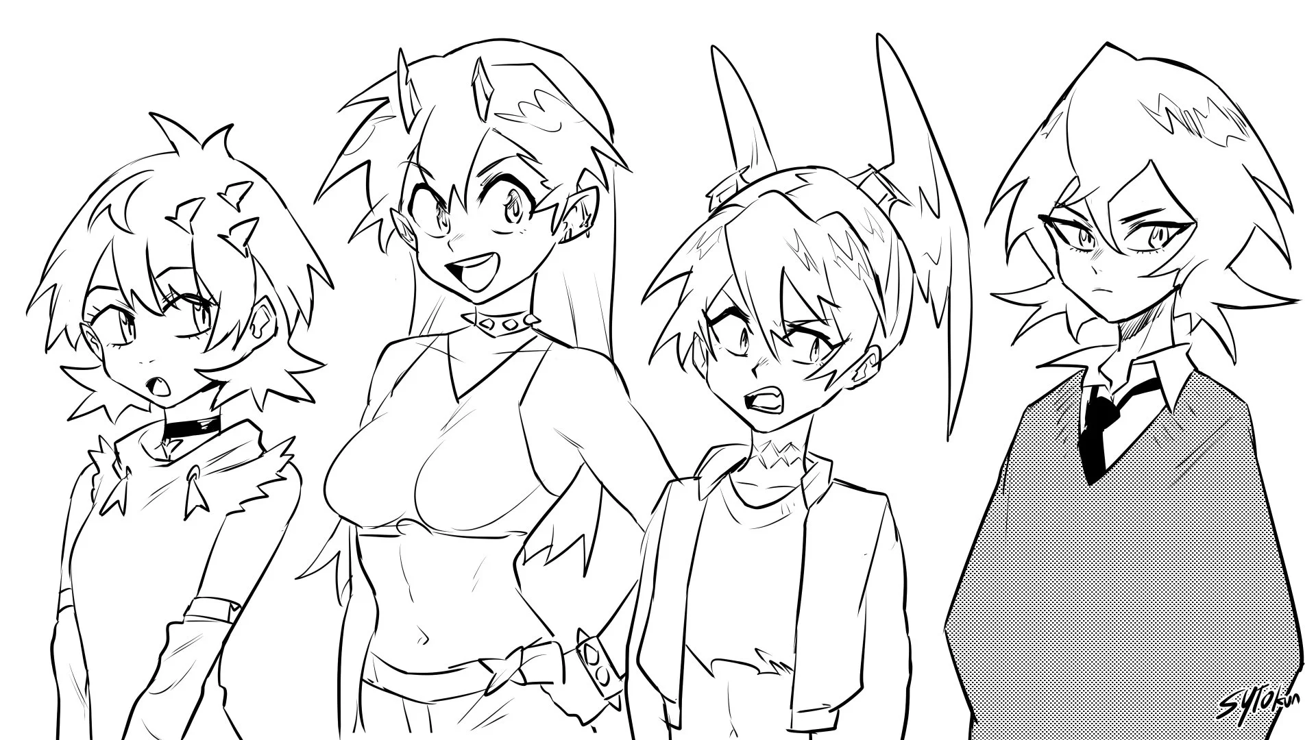 New cast lineup. After abit of a rut trying to figure out their designs, I tried to mix it up by drawing them based on different artstyles, which helped me figure out better how to take their designs.
Left to right: MC (FLCL), Helia (Gurren Lagann), 