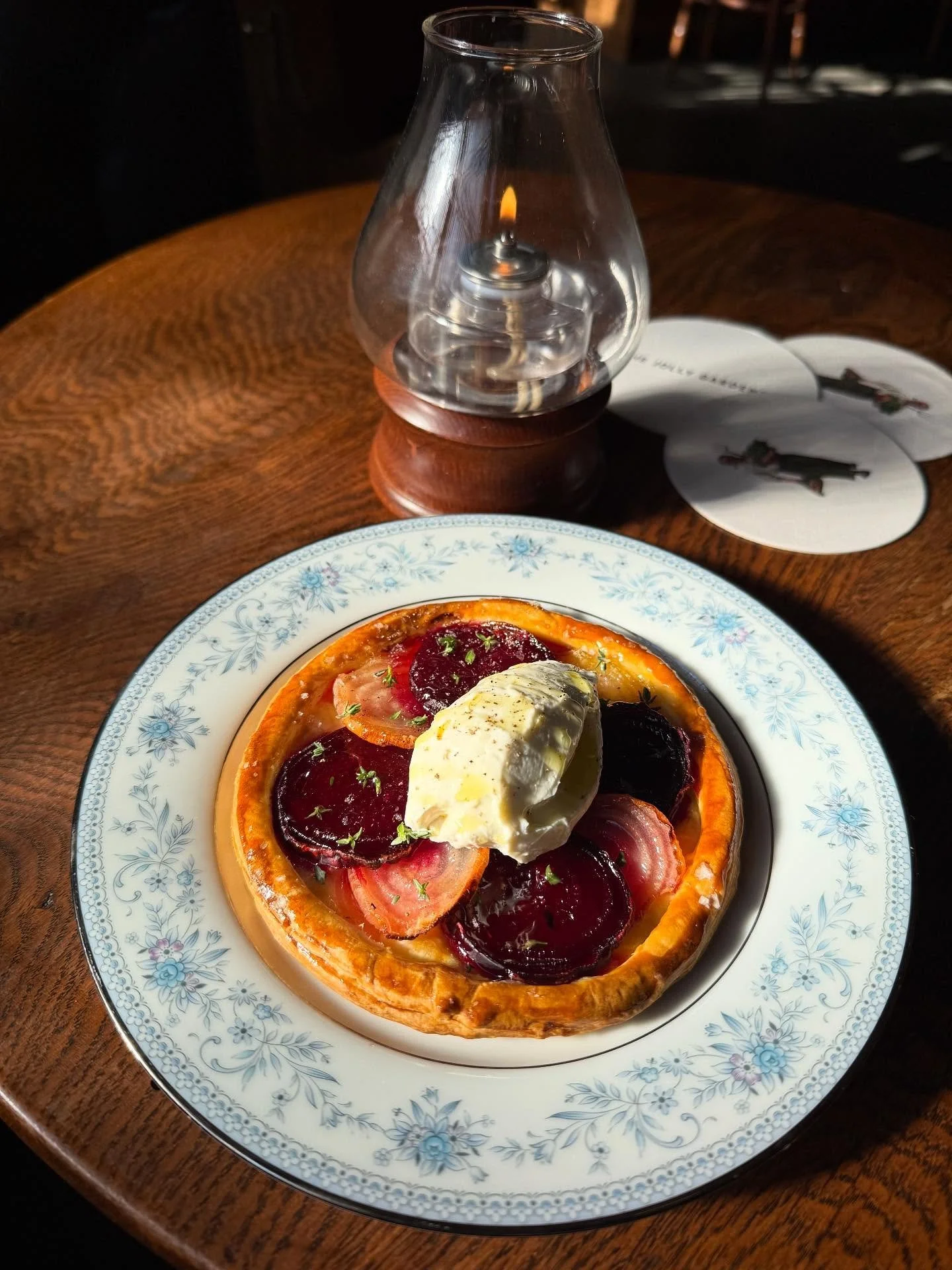Beetroot and ricotta tart, honey and thyme. 

On all day.