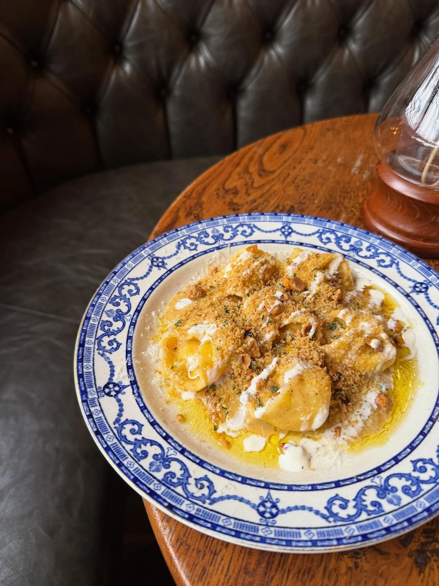 Bbq squash and ricotta tortellini, smoked mascarpone with a sage and hazelnut crumb.