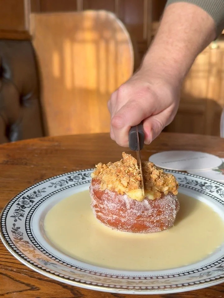 Apple crumble doughnut and custard. 

Filled with an apple and cinnamon compote topped with an almond and oat crumble and a cr&egrave;me patisserie for good measure.