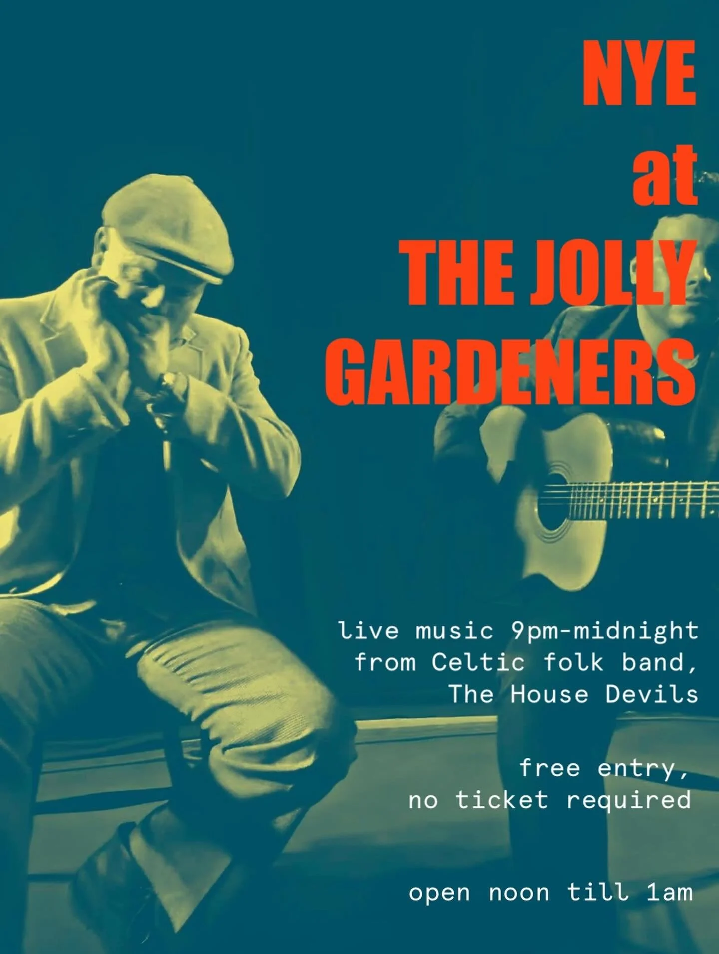 Celebrate New Years Eve at the Jolly G.
It&rsquo;s been a mega year and we can&rsquo;t wait to welcome in the next one with you all.

Pub open midday till 1am.

Sensational Irish folk duo The House Devils will be playing from 9pm and will bring in th