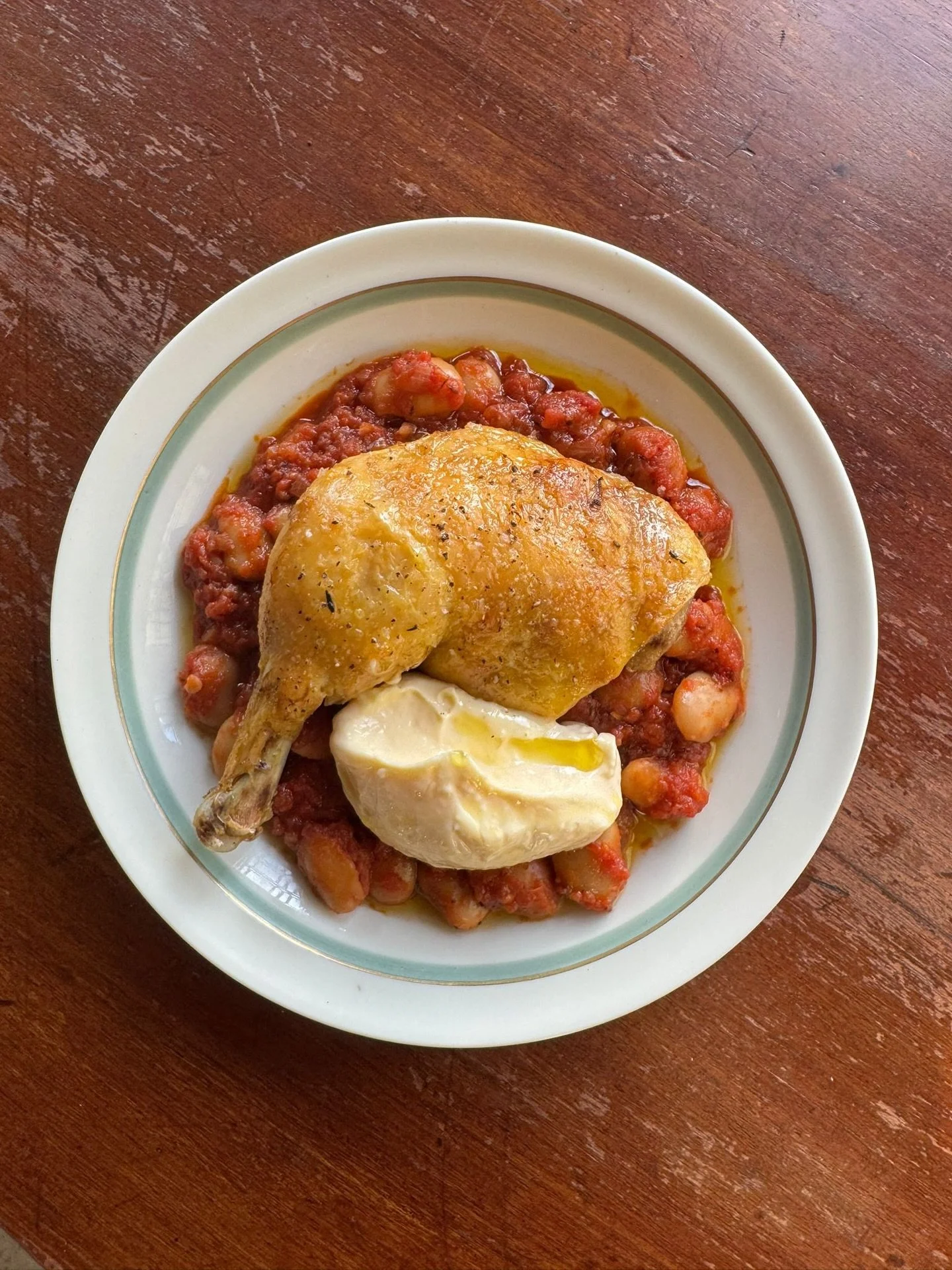 Braised corn fed chicken leg, butter bean stew, aioli.

&pound;15 on all week!
