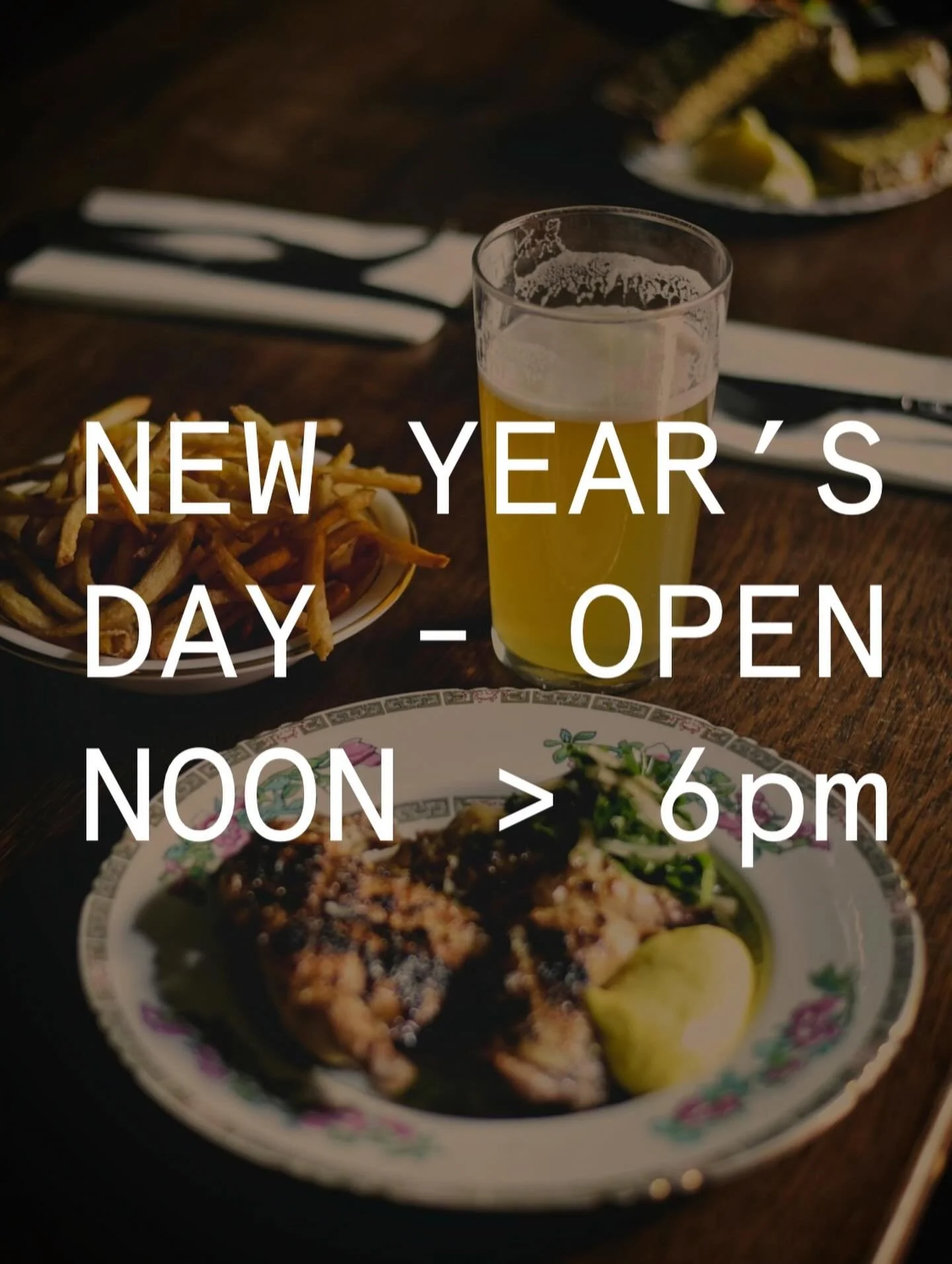 Getting a minute or two ahead of ourselves, but just a reminder that we&rsquo;ll open the doors for food, drink and restorative good will at noon on New Year&rsquo;s Day. Space for bookings and walk-ins.
We&rsquo;d love to see you.
X