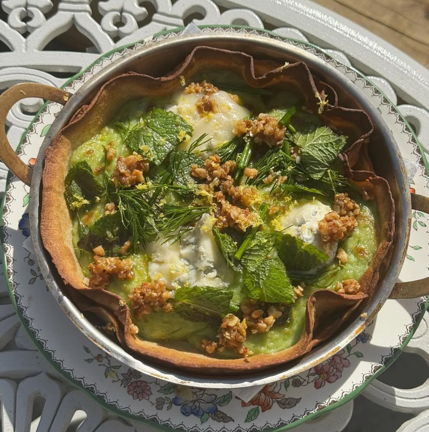 Spring has sprung&hellip;

Wild garlic and buckwheat pancakes, gorgonzola, hazelnuts 

Pancakes are back!