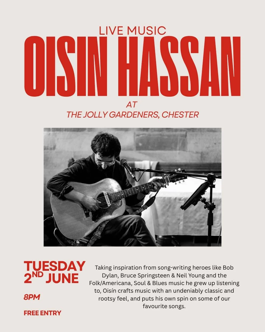 More live music next week with Oisin Hassan on Tuesday evening,  2nd June. Free entry.

Get there early and make the most of our Tuesday sausage and mash deal!
Cumberland sausages, mash &amp; onion Gravy AND a pint of Weetwood. Only &pound;15.