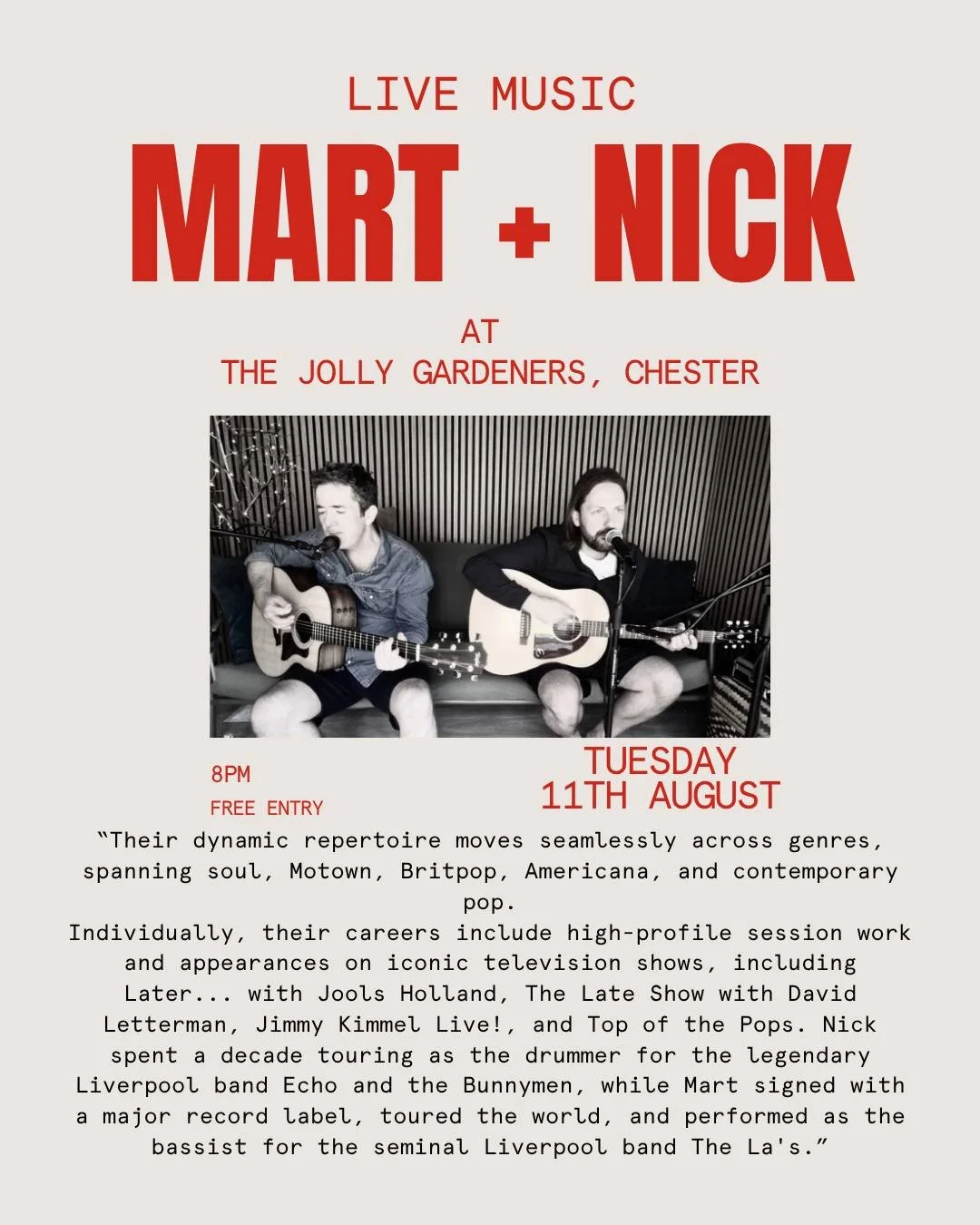 Live music in the bar - Tuesday 11th August