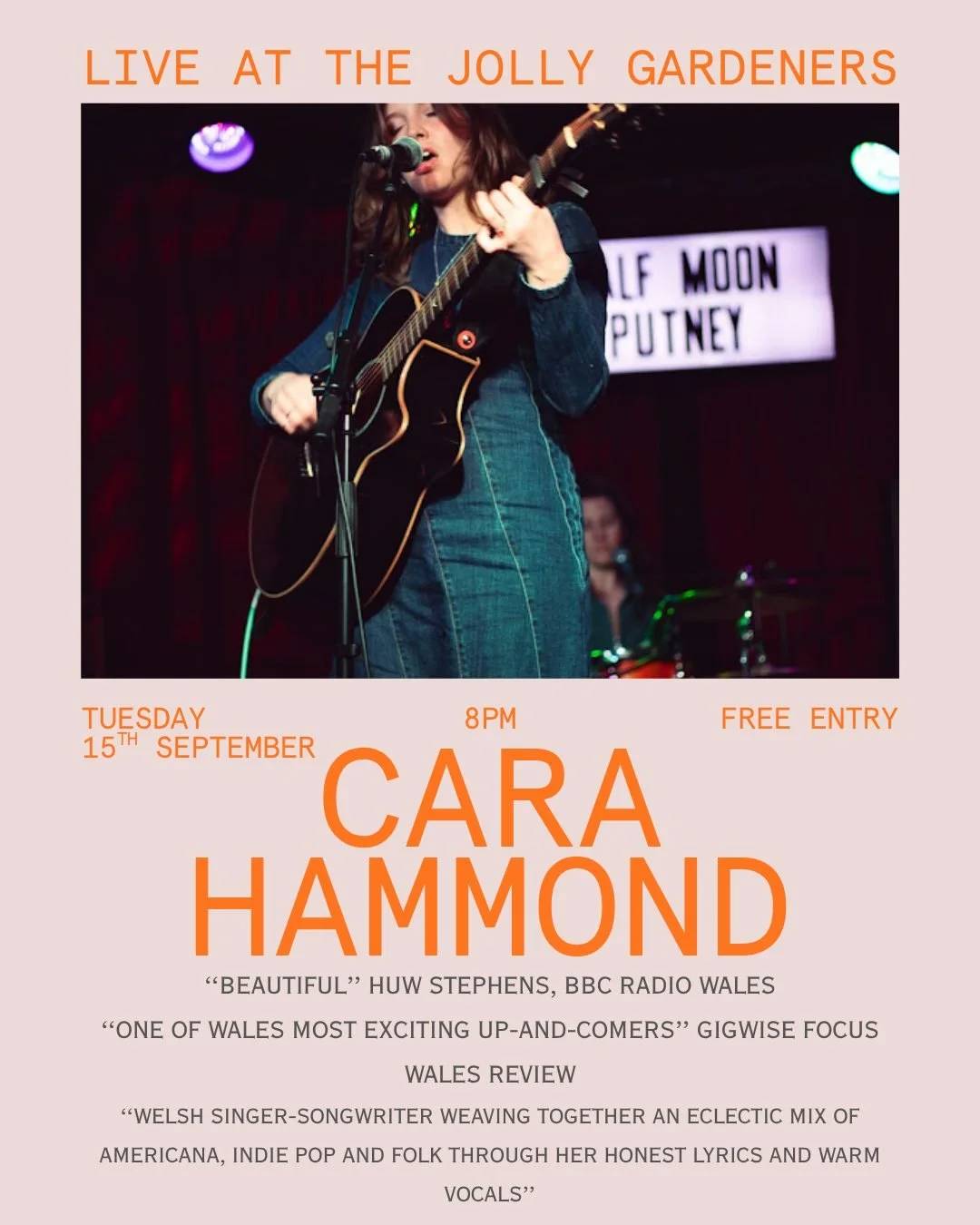 Live music in the bar
Tuesday 15th September
8pm

&ldquo;Cara Hammond is a singer-songwriter from Wrexham, weaving together an eclectic mix of americana, indie pop and folk through her honest lyrics and warm vocals. Since supporting Charlotte Church 