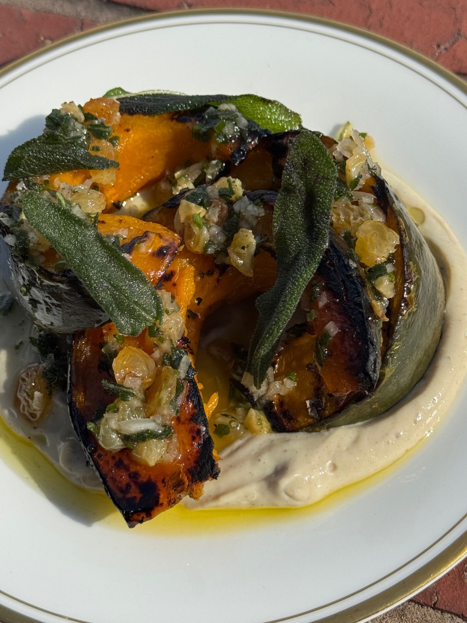 Delica squash, chestnut cream, golden raisin and sage dressing. On the menu now