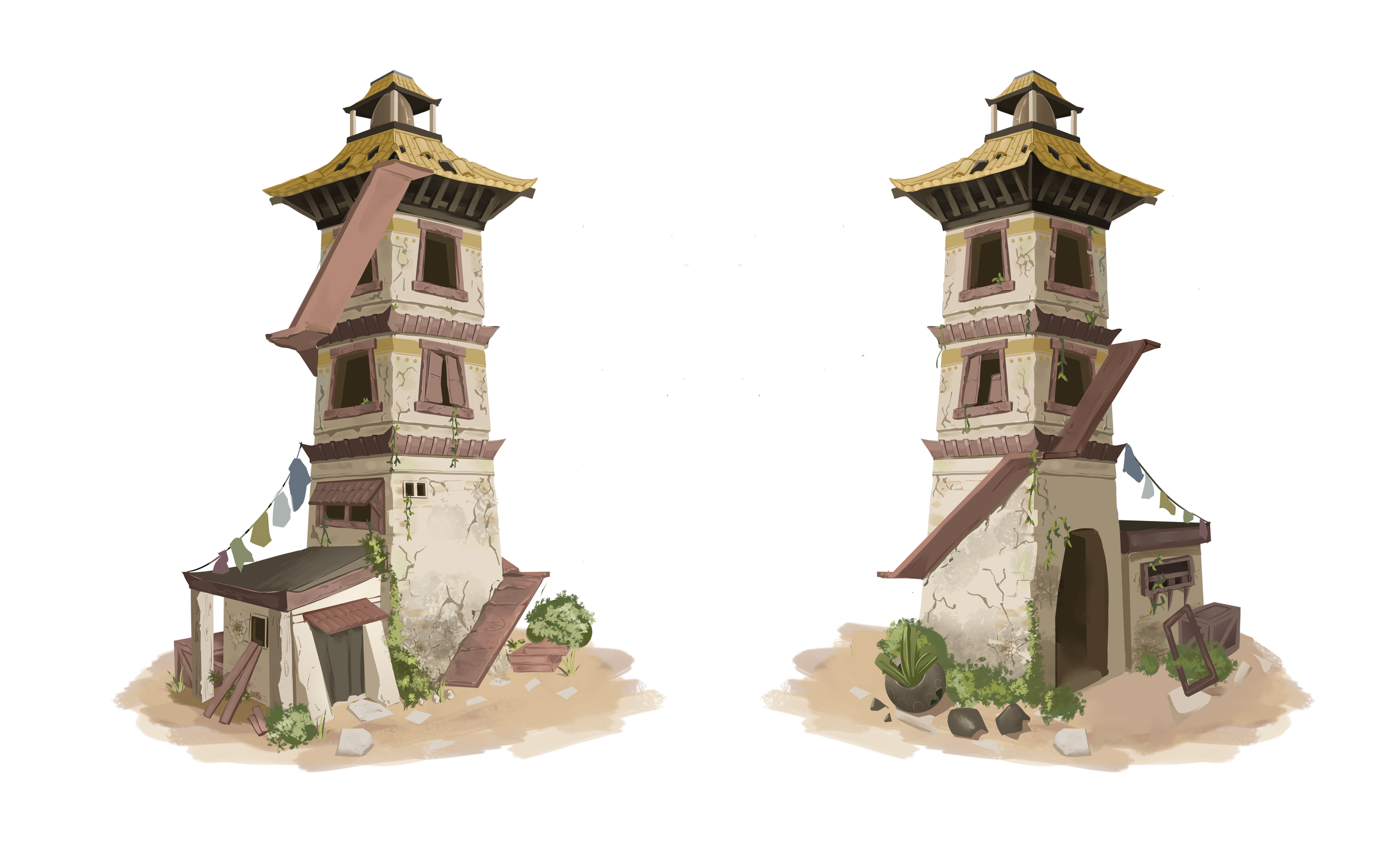 Two dilapidated, abandoned watchtowers with broken and missing windows and sagging roofs, surrounded by scattered debris and overgrown plants.