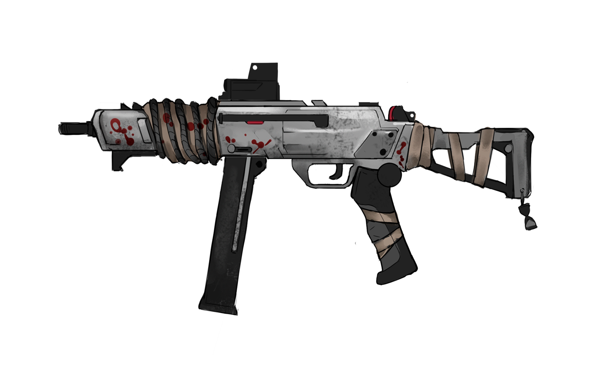 A stylized illustration of a submachine gun with blood splatters, wrapped in tape and bandages, featuring a metallic body and a black magazine.