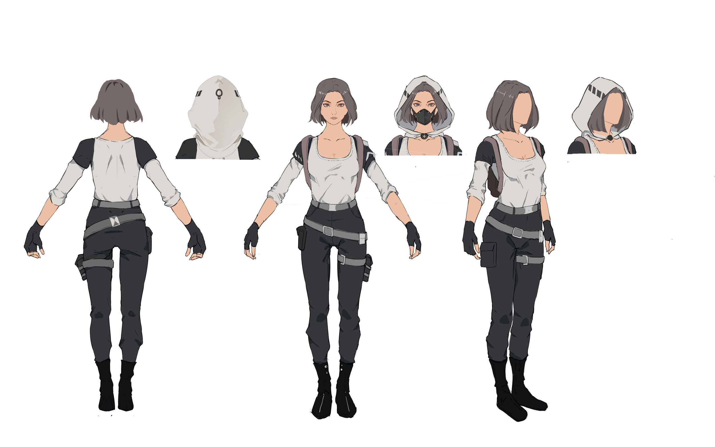 Character concept art of a young woman with short, wavy gray hair, wearing tactical black pants, a white and gray top, gloves, and black boots, shown from behind and front, with additional sketches of a hood and face mask.