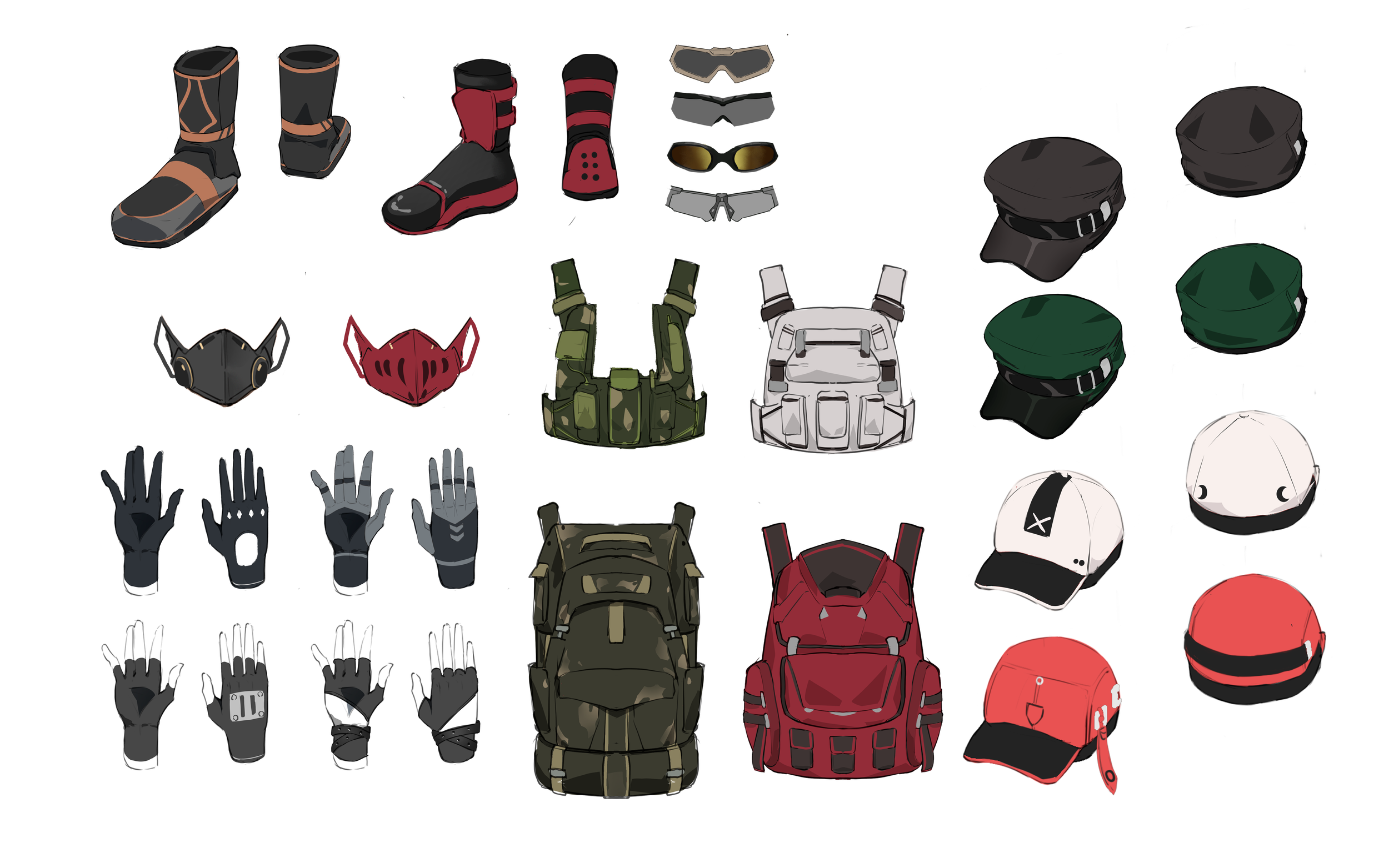 Collection of tactical gear including helmets, gloves, backpacks, and protective masks in black, green, white, red, and gray colors.
