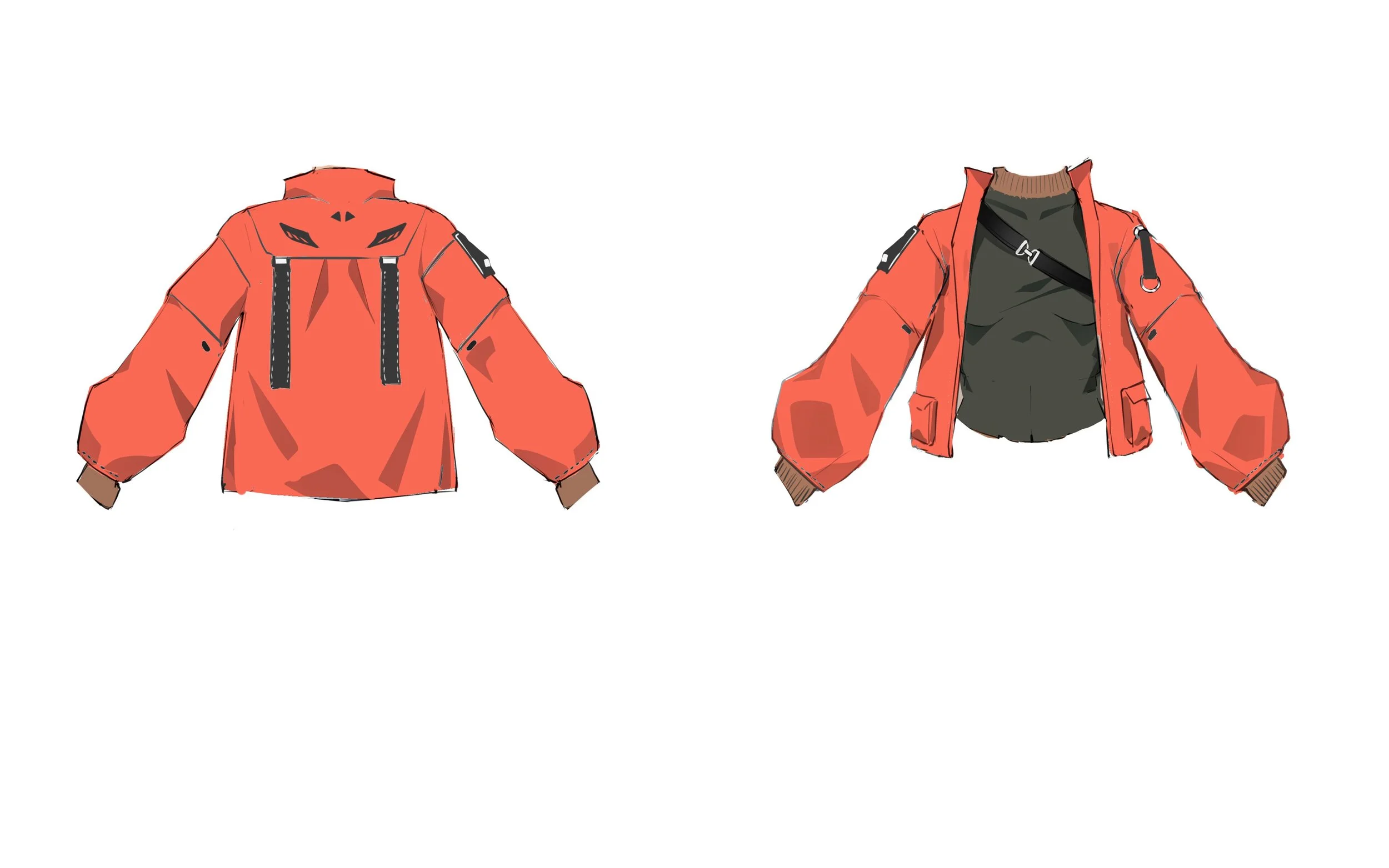 Digital illustration of a red tactical jacket viewed from the back and front, with black zipper details, adjustable cuffs, and brown accents, suitable for outdoor activities.