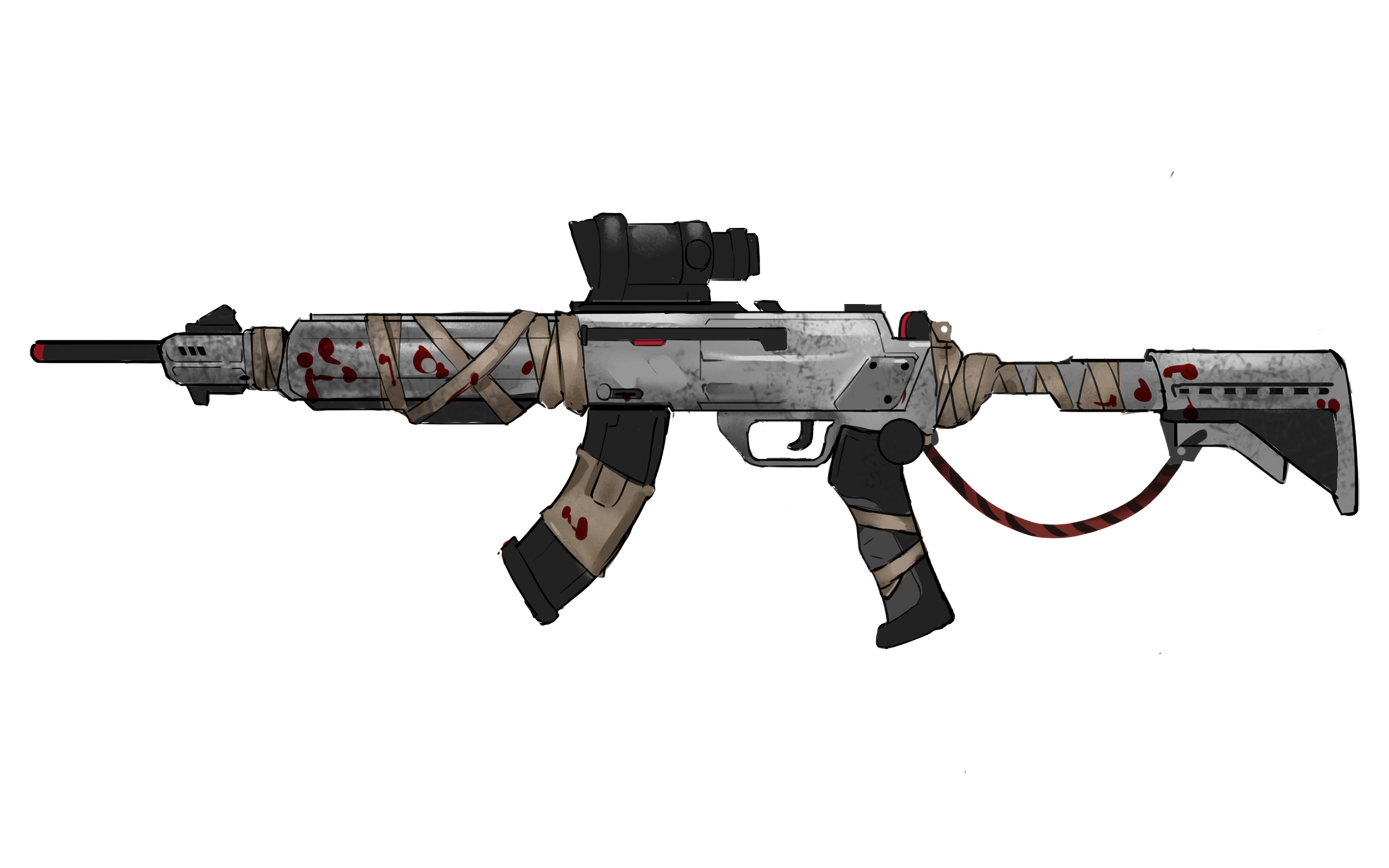 Illustration of a modern rifle with a scope, wrapped in tan and red markings, and a red and black cord attached at the back.