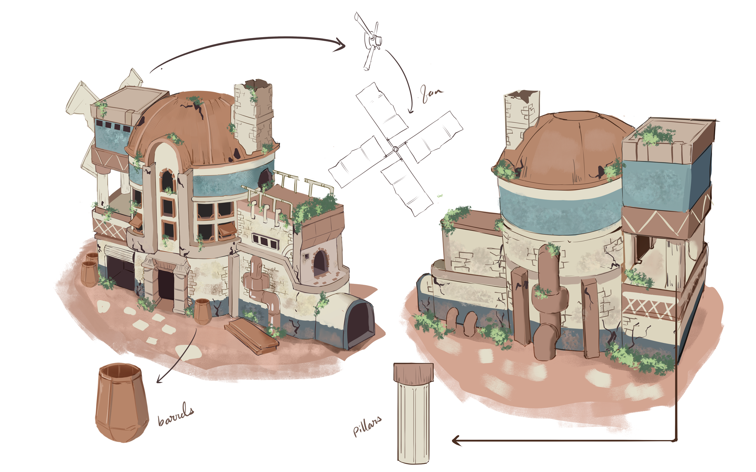 Illustration of a building with a large dome, labeled components including barrels, pillars, and a wind turbine, depicting construction or renovation stages.