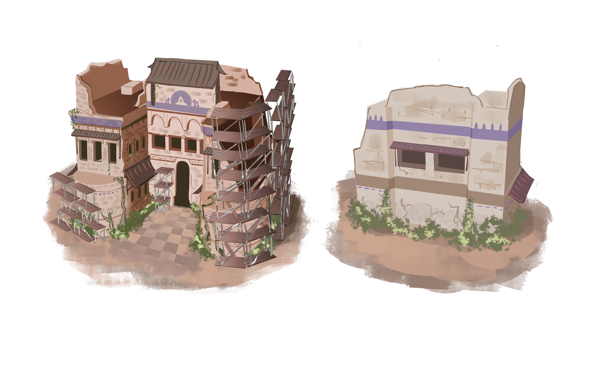 Two illustrated buildings resembling ruins with scaffolding, one with multiple floors and greenery, and the other a simpler ancient structure, both with weathered walls and decorative elements.