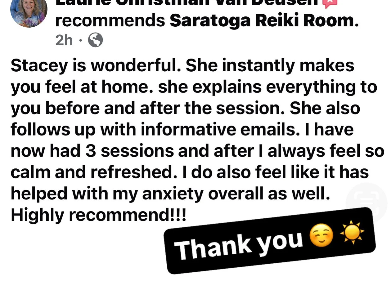 A social media post praising Stacey for her ability to make clients feel at home during Saratoga Reiki Room sessions. The post mentions three sessions and notes the calming and anxiety-reducing effects of the sessions, ending with a high recommendati