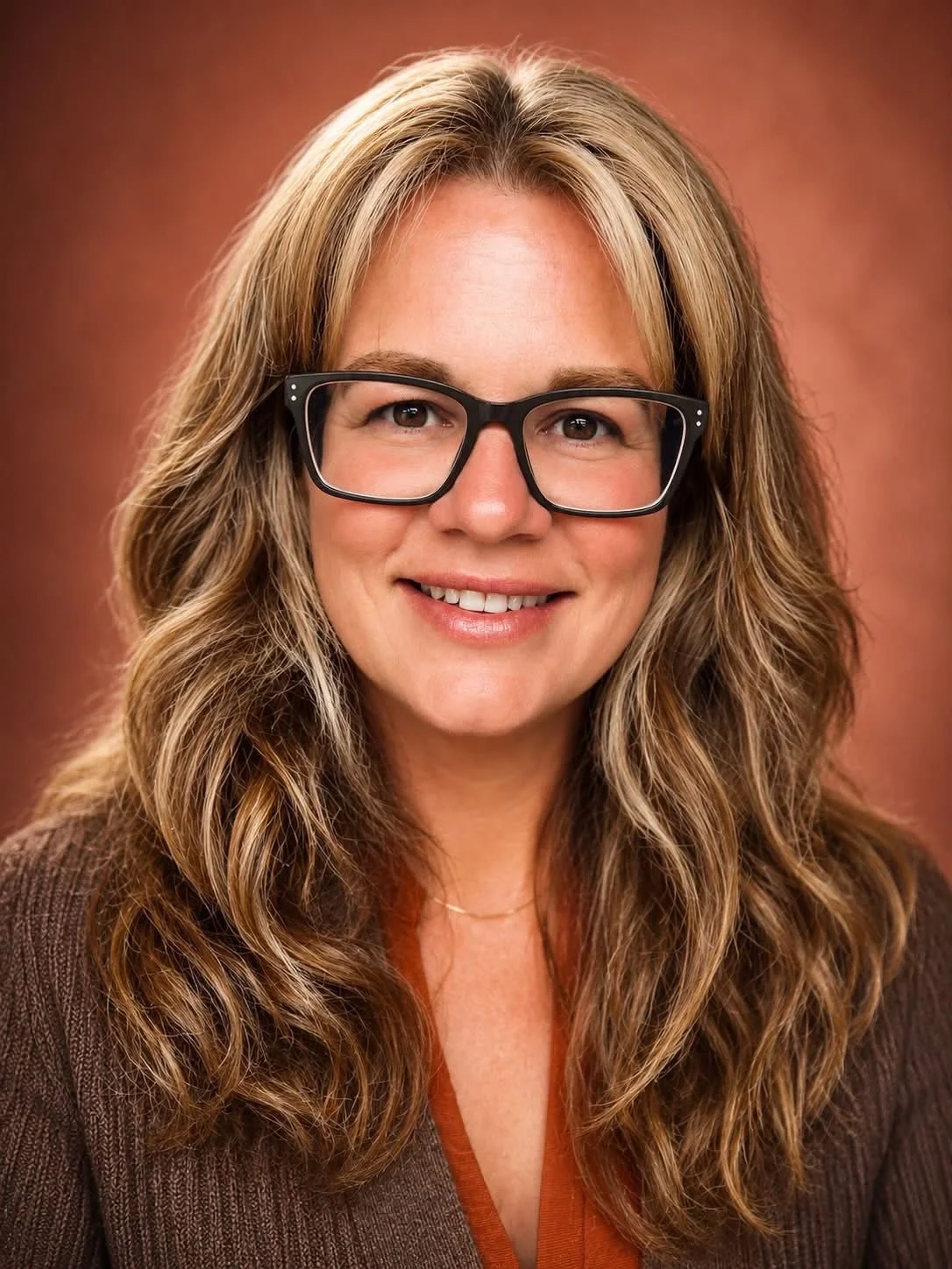 Close-up portrait of a woman with wavy light brown hair, wearing glasses and a brown blazer, smiling against a warm brown background.