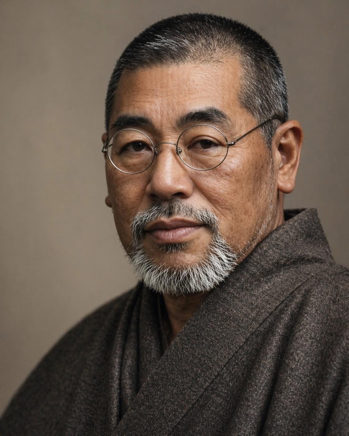 Close-up portrait of an older Asian man with glasses and a white beard, wearing traditional dark brown clothing, against a plain neutral background.