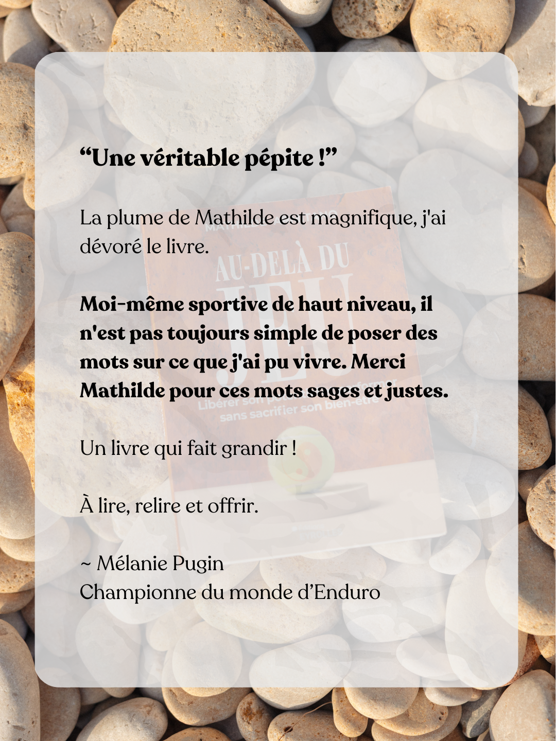 Texte sur fond de galets, donnant une critique positive d'un livre avec un message de gratitude de l'autrice Mélanie Pugin.