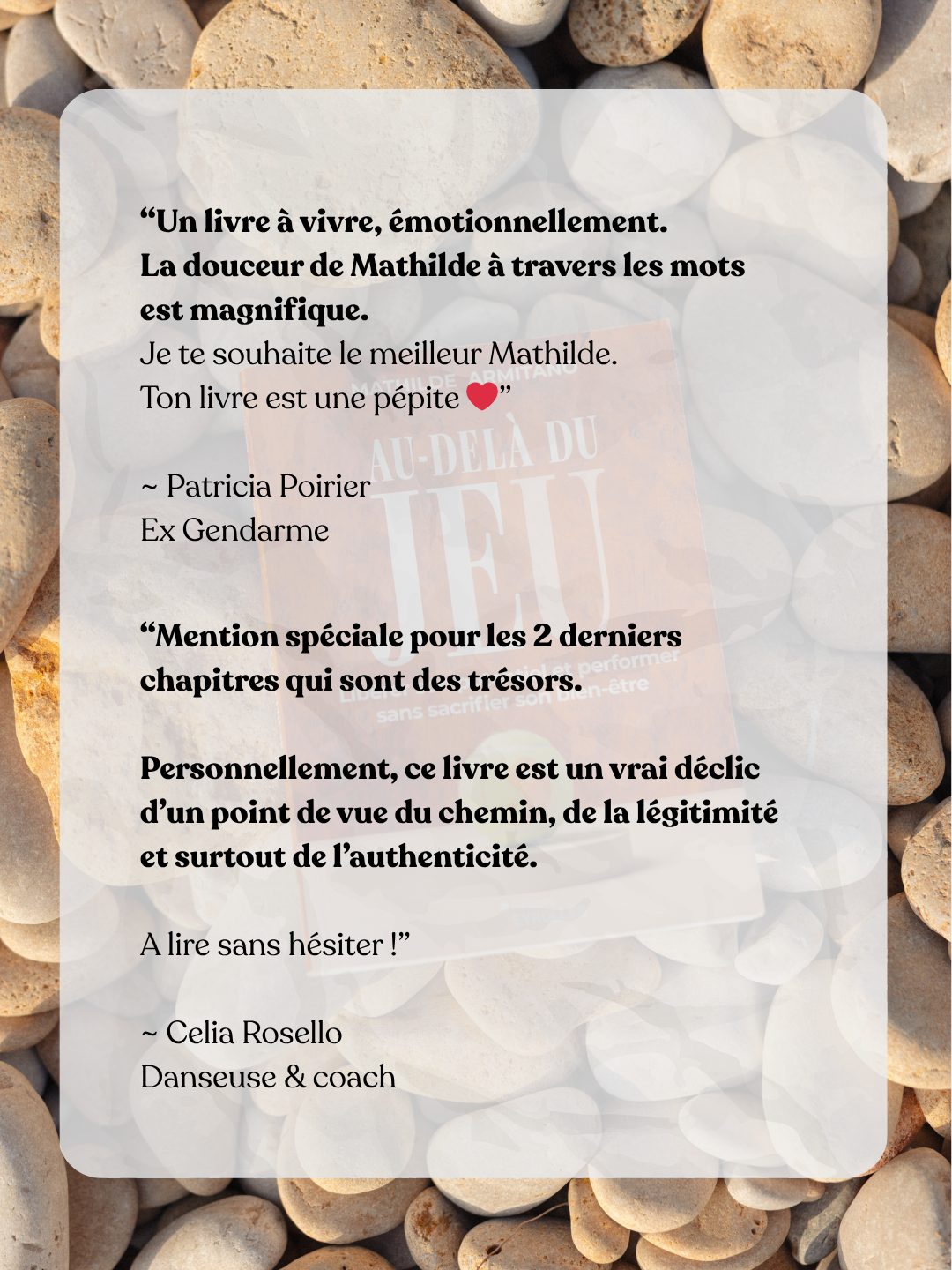 Une page avec une citation et des commentaires positifs sur un livre, avec un fond de galets.