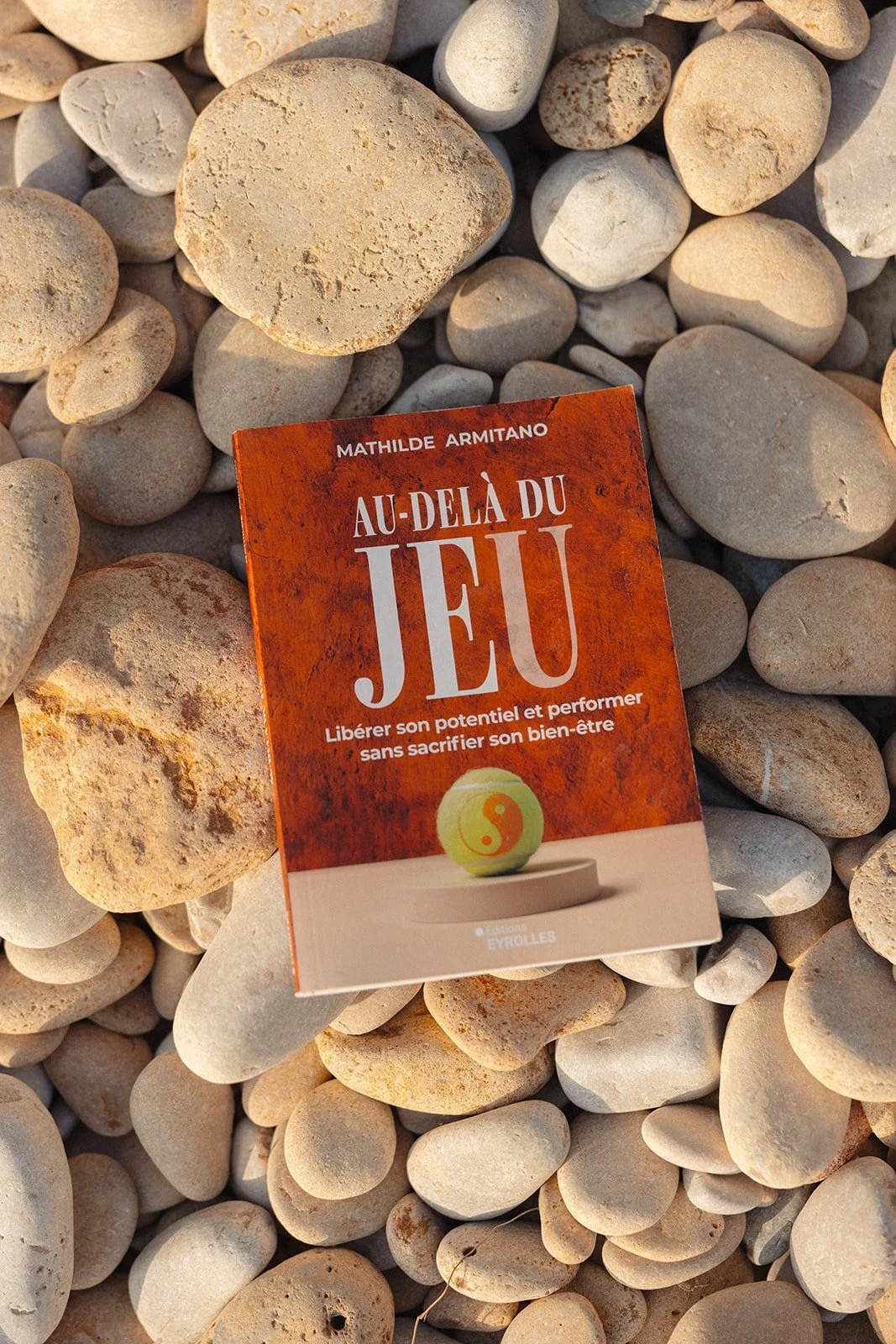 Un livre rouge intitulé "Au-delà du jeu" posé sur des galets de plage.