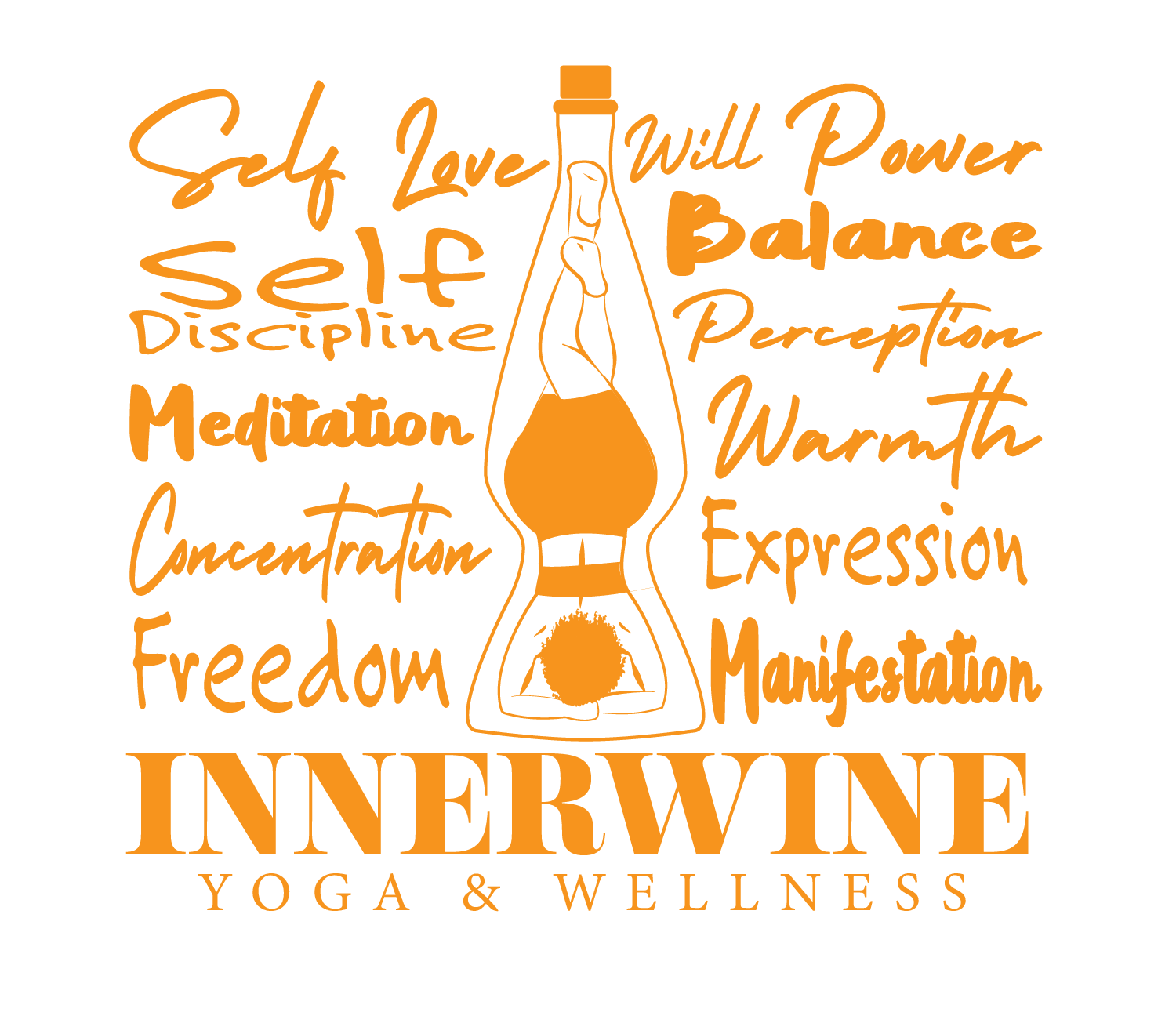 A black background with orange words forming a word cloud around a light bulb graphic. The words include self-love, discipline, meditation, concentration, freedom, willpower, balance, perception, warmth, expression, manifestation, and underneath, the text 'InnerWine Yoga & Wellness'.