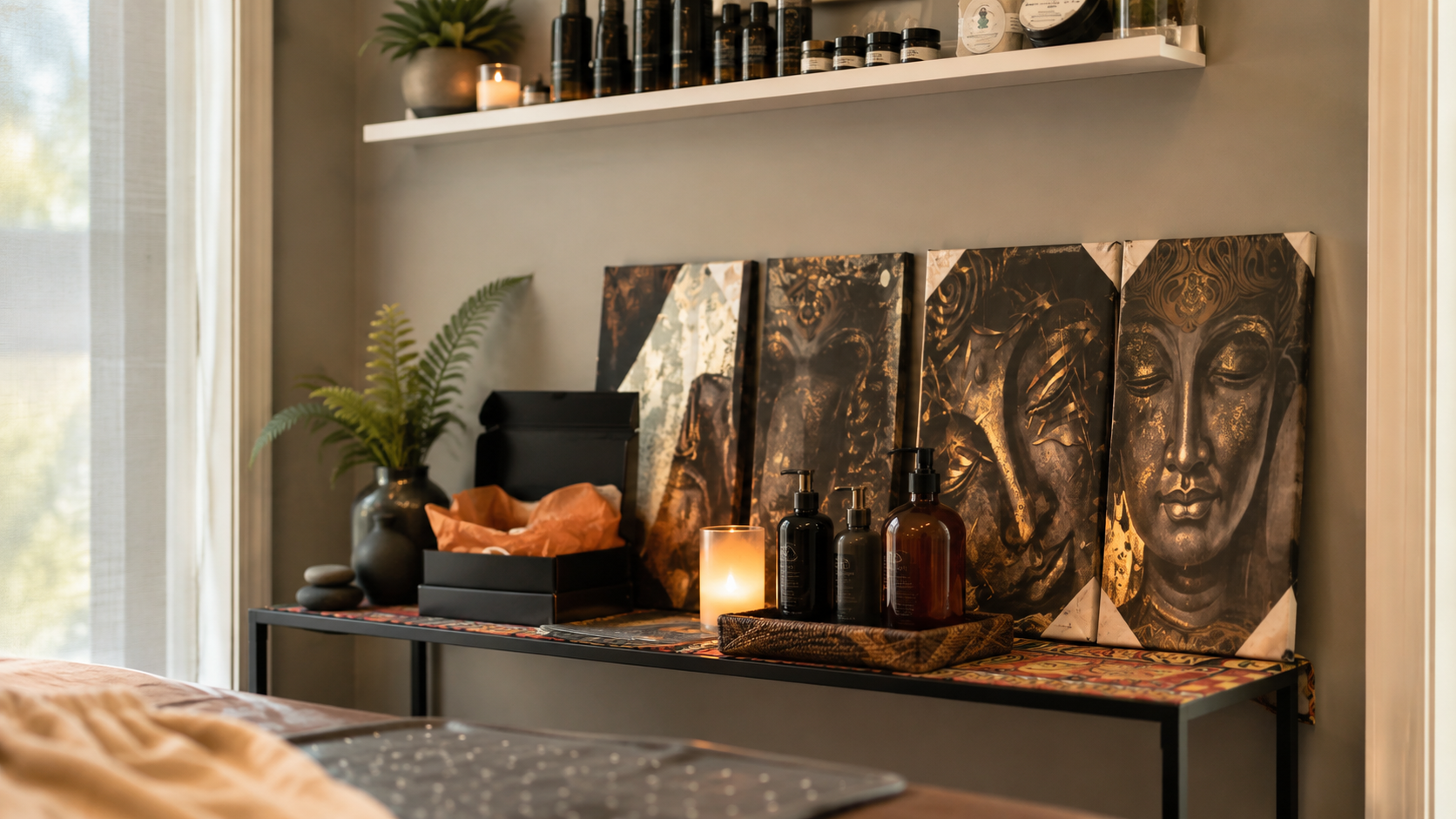A decorative display on a black table with candles, black and brown soap dispensers, and Asian-inspired artwork of faces, along with a black vase with green fern leaves, set in a room with natural light.