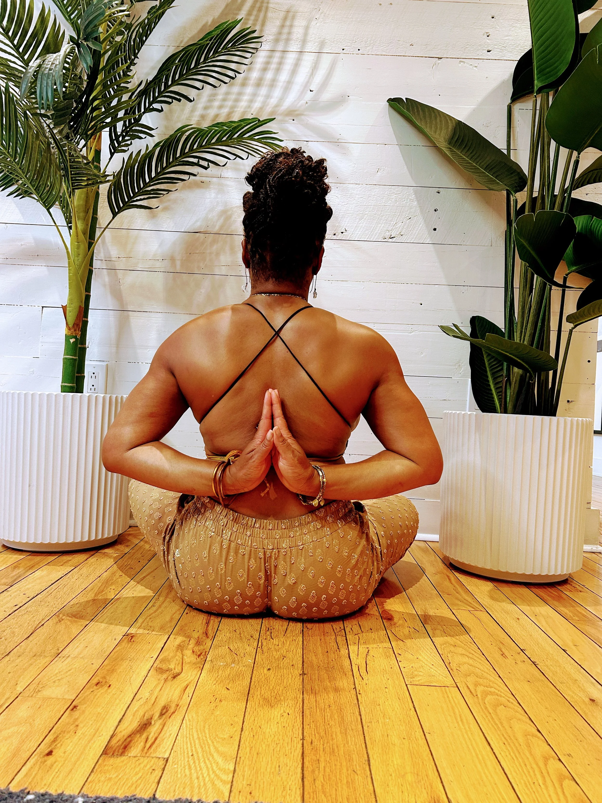 A person practicing yoga indoors, sitting cross-legged on a wooden floor, with their back to the camera and hands in prayer position behind their back. They are surrounded by tall green plants and a white wall.