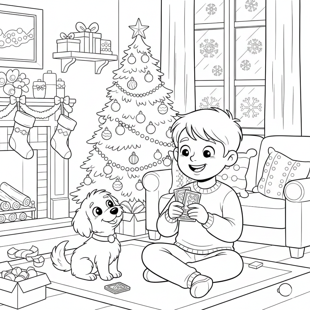 coloriage d'un petit garçon qui ouvre des paquets de cartes dans le salon avec son chien