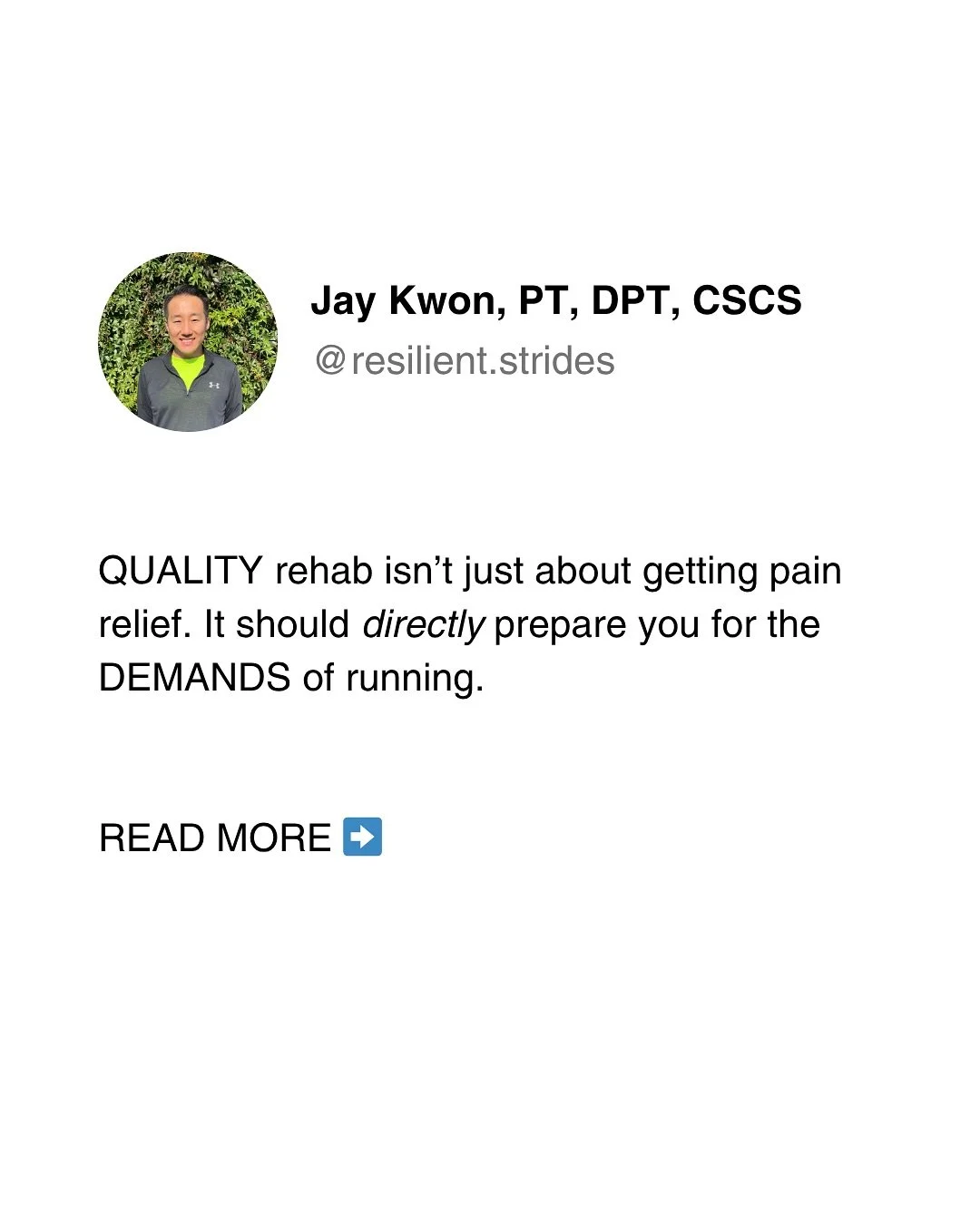 Too often, rehab for runners stops WAY too short and doesn&rsquo;t properly prepare them for running. 

It only chases pain around and around in circles, and runners are left scratching their heads with no clear plan to ACTUALLY run again. 

If this 