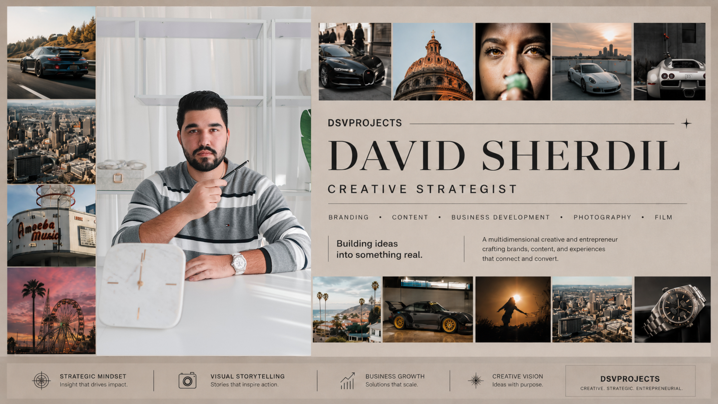 A man sitting at a white desk in front of a window with white curtains, holding a pen, with various colorful collage images of cars, cityscapes, and landmarks behind him. There's a beige banner with black text that reads "DAYS PROJECTS DAVID SHERDIL CREATIVE STRATEGIST" and lists services such as branding, content, business development, photography, and film.