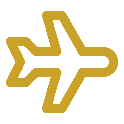 Gold-colored airplane icon on a black background.