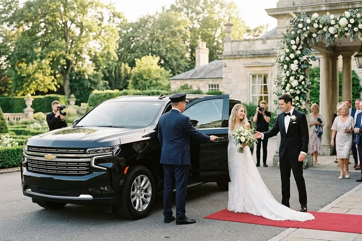 A bride and groom standing on a red carpet outside a building, with the groom shaking hands with a chauffeur beside a black SUV, surrounded by wedding guests and photographers.