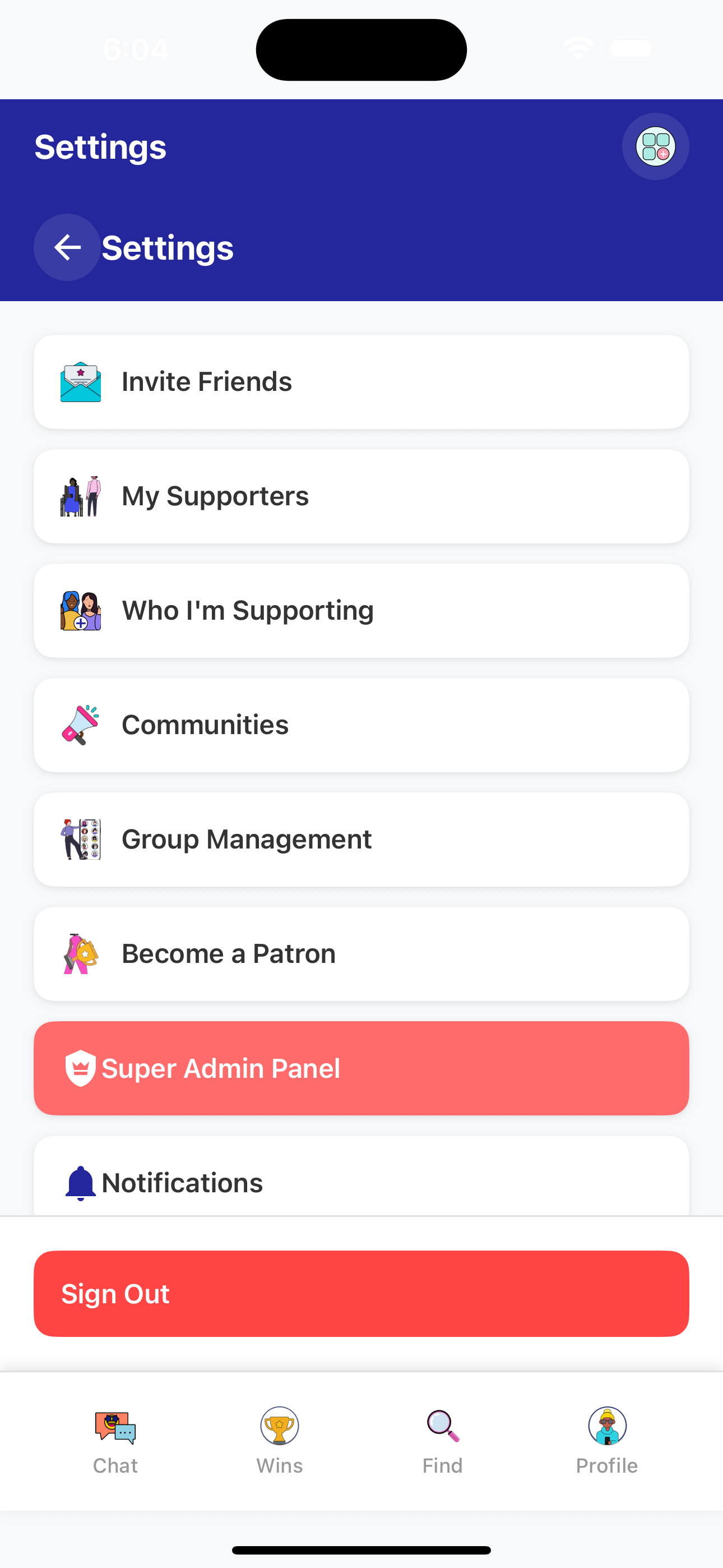The Settings menu. You can invite friends, add supporters, manage your supported users, browse and join communities, create and manage your groups, become a patron, get to your notifications preferences, and if you're an admin, you'll get an admin po