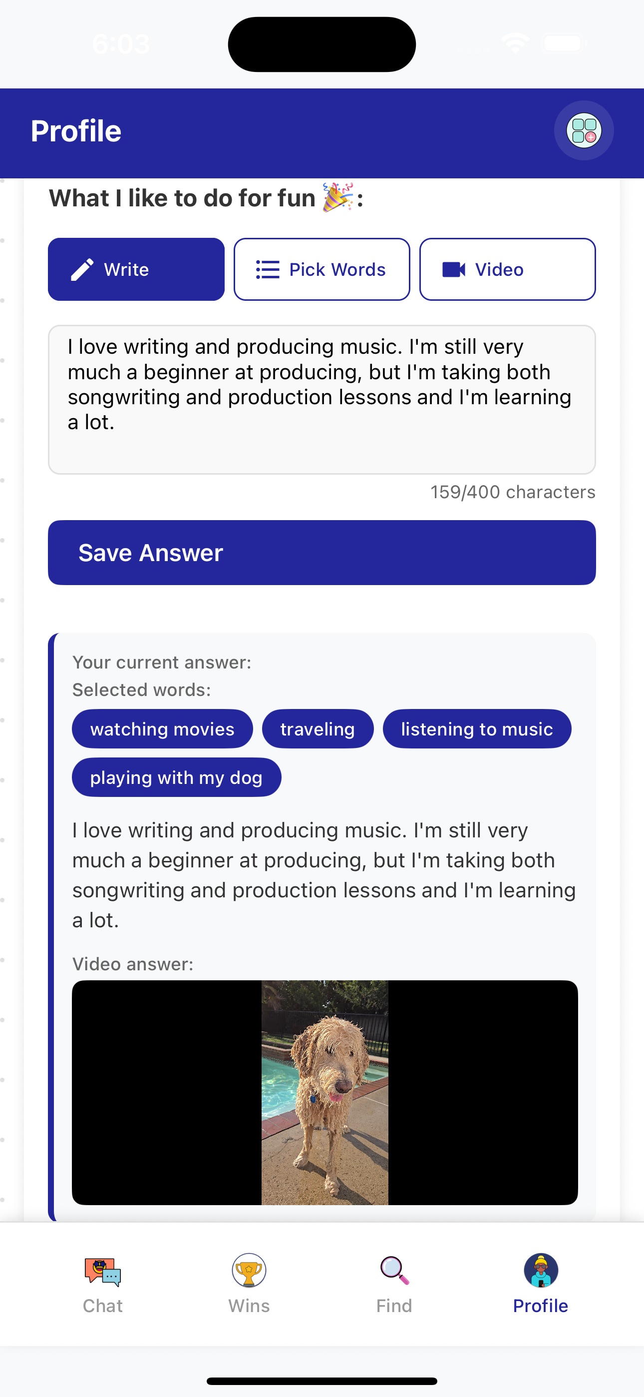 A snippet of the profile page that shows the profile questions from the user's own point of view.