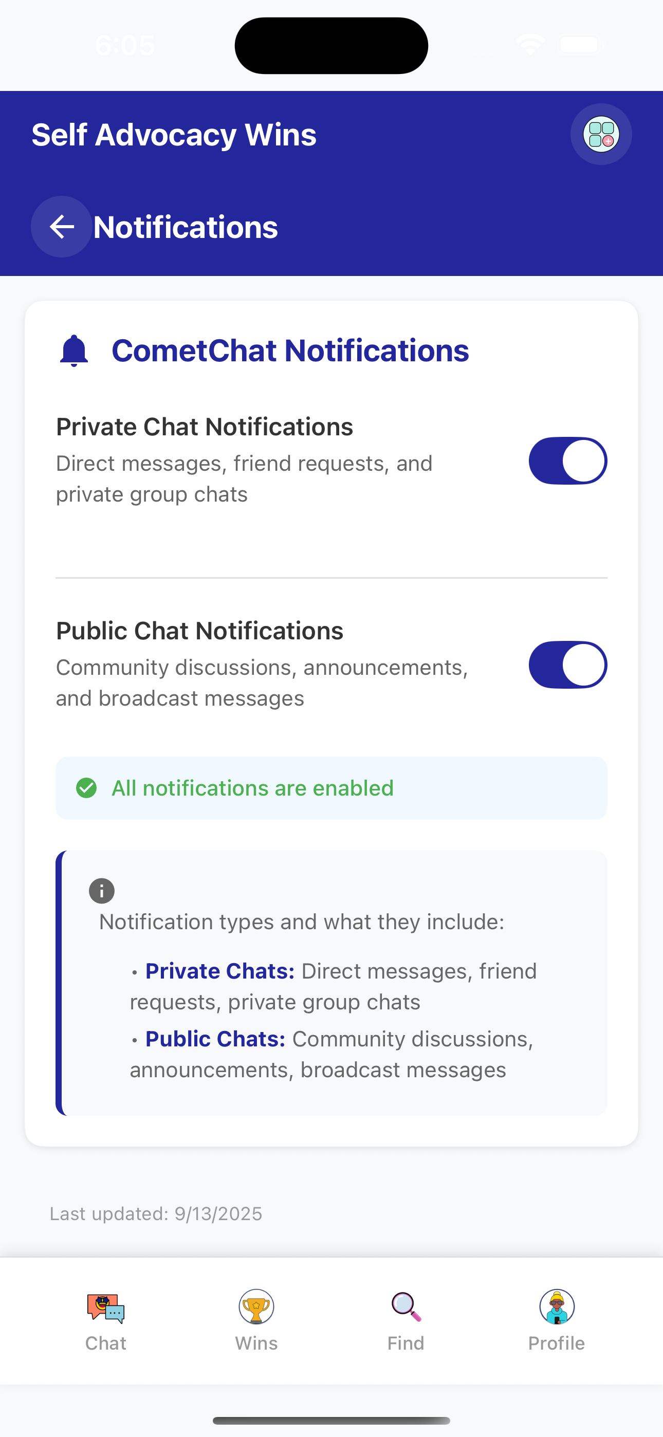 The notifications screen. You can get notified when you get private or public messages or you can turn the notifications off.