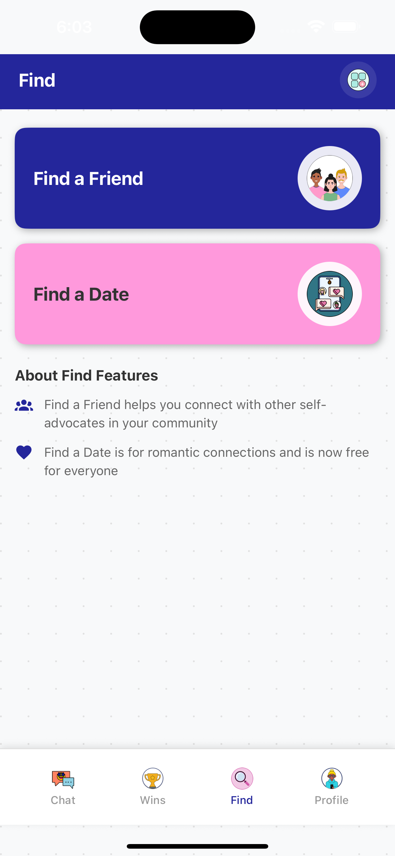 The find screen. It gives you the option to find a friend or find a date (which you have to enable to use).