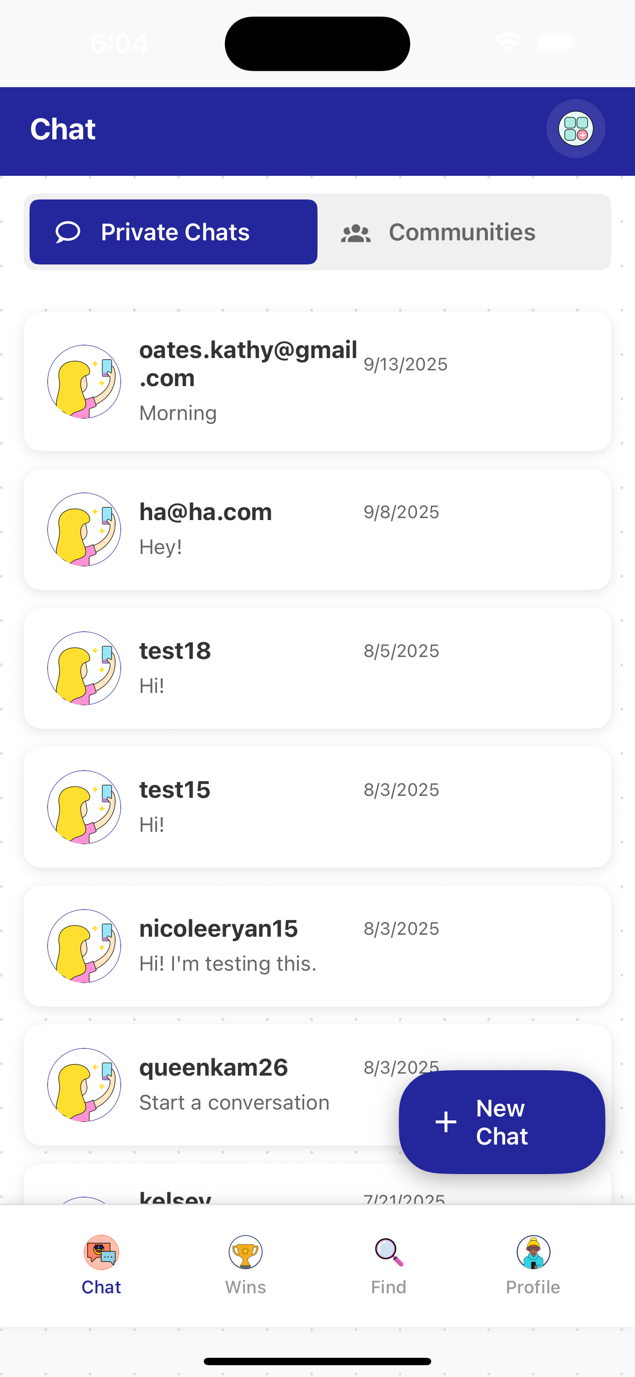 The chat screen. On the left are private chats, on the right are communities (aka public chats).