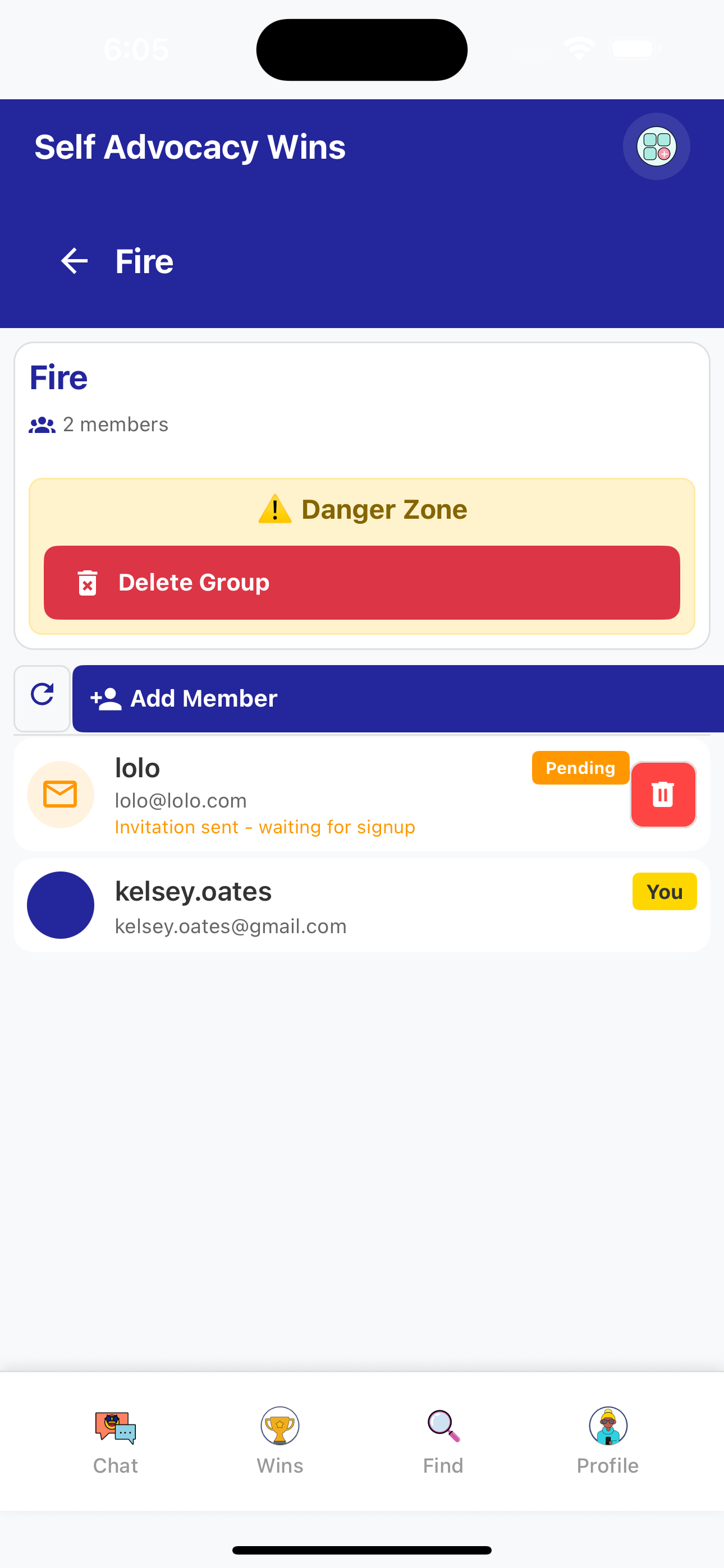 The group management screen. You can add or remove members or delete the group altogether.