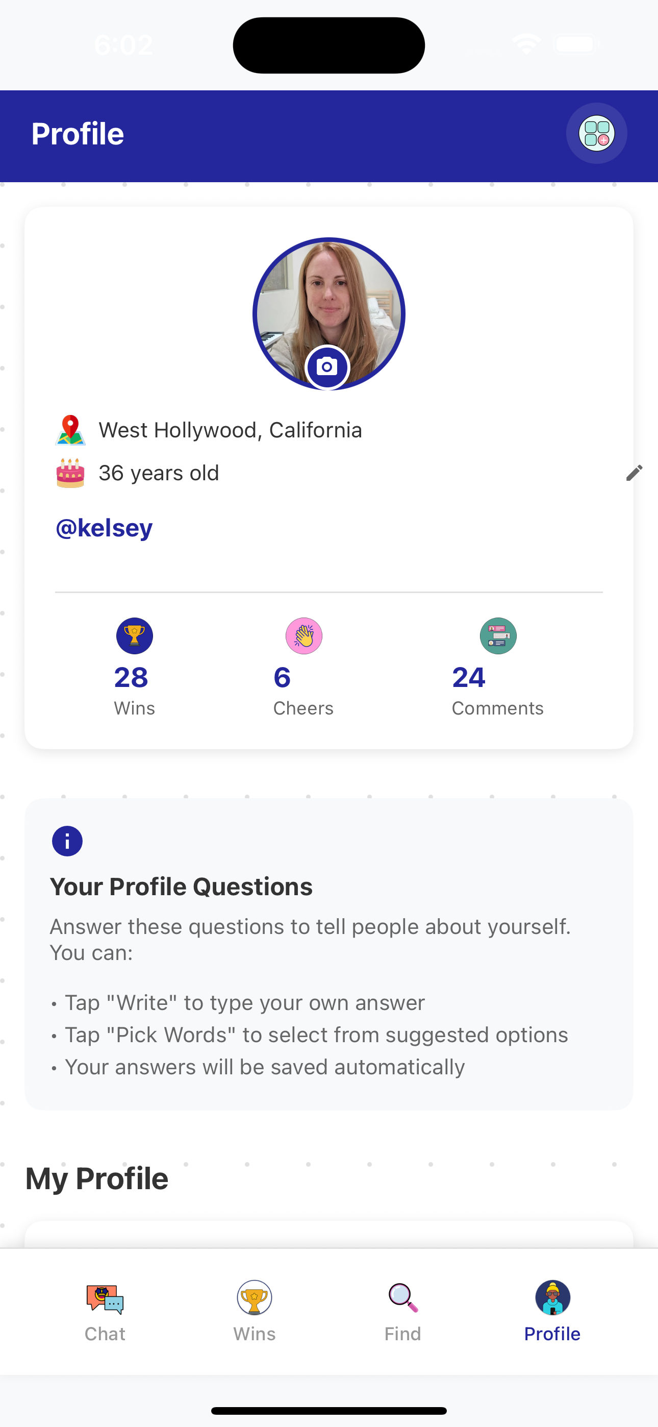 The profile page with a profile picture, age, location, number of wins, cheers, and comments.