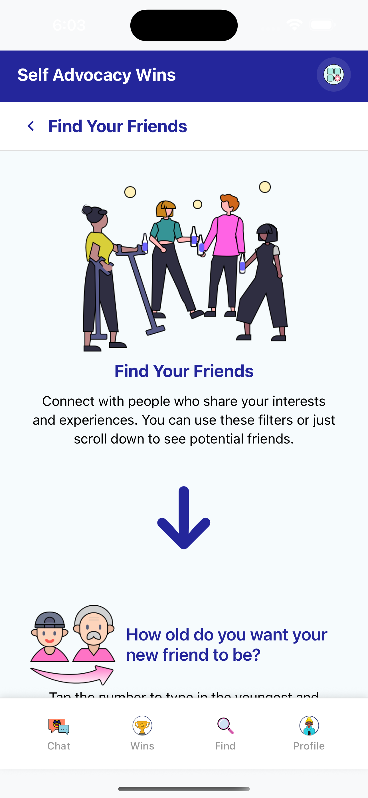 Mobile app screen showing a section titled 'Self Advocacy Wins' with an illustration of four people socializing, holding drinks, and standing around a scooter. Below, the app prompts 'Find Your Friends' and encourages connecting with people of simila