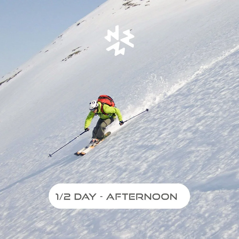 Advanced skier practising technique with private ski coach in alpine terrain