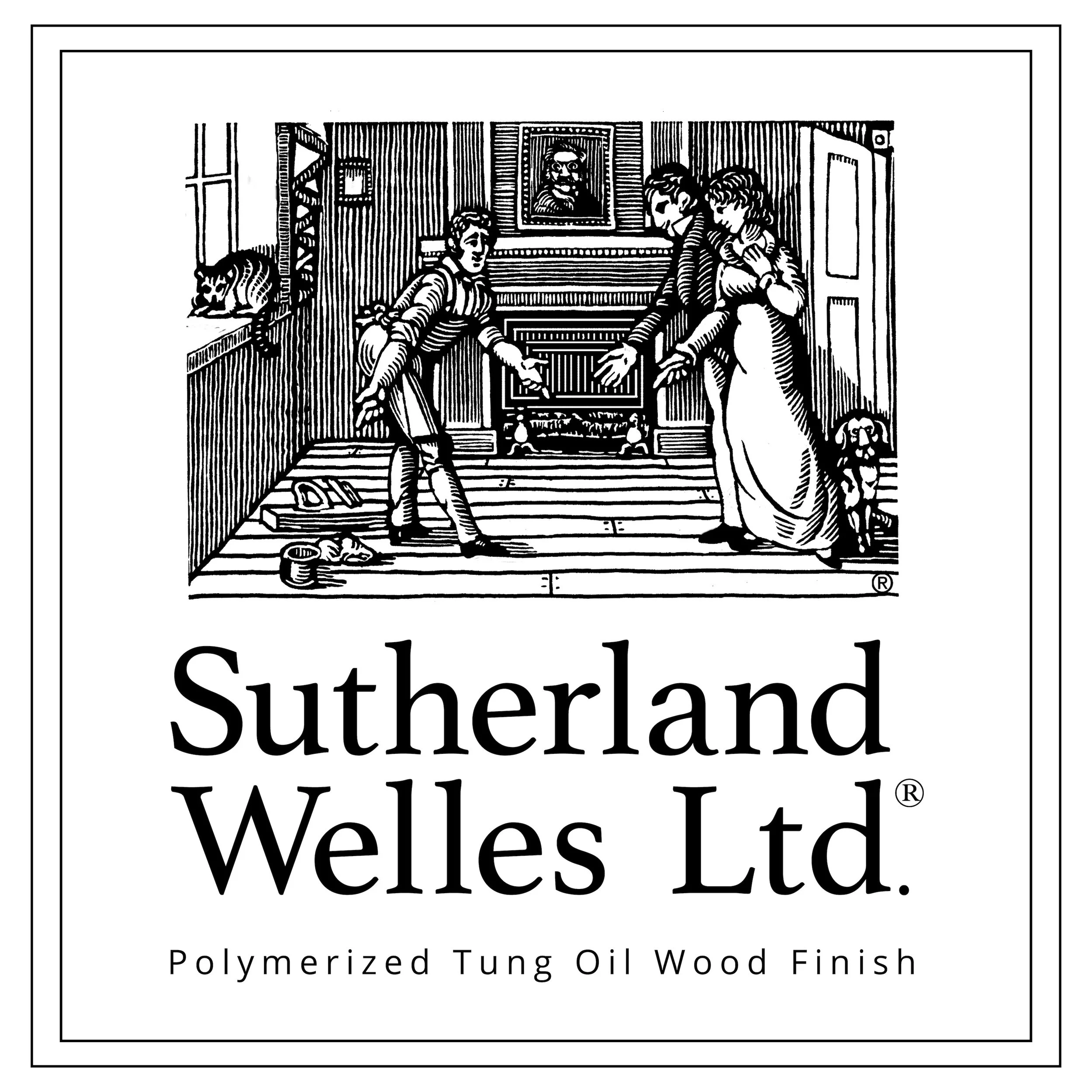 Vintage black and white illustration of a family inside a room with a fireplace, with a cat on the windowsill. The text reads "Sutherland Welles Ltd. Polymerized Tung Oil Wood Finish."
