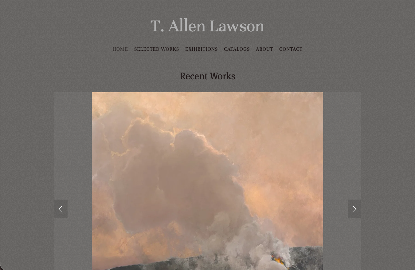 Website homepage for T. Allen Lawson featuring a recent artwork of a volcanic eruption with smoke and ash against a cloudy sky.