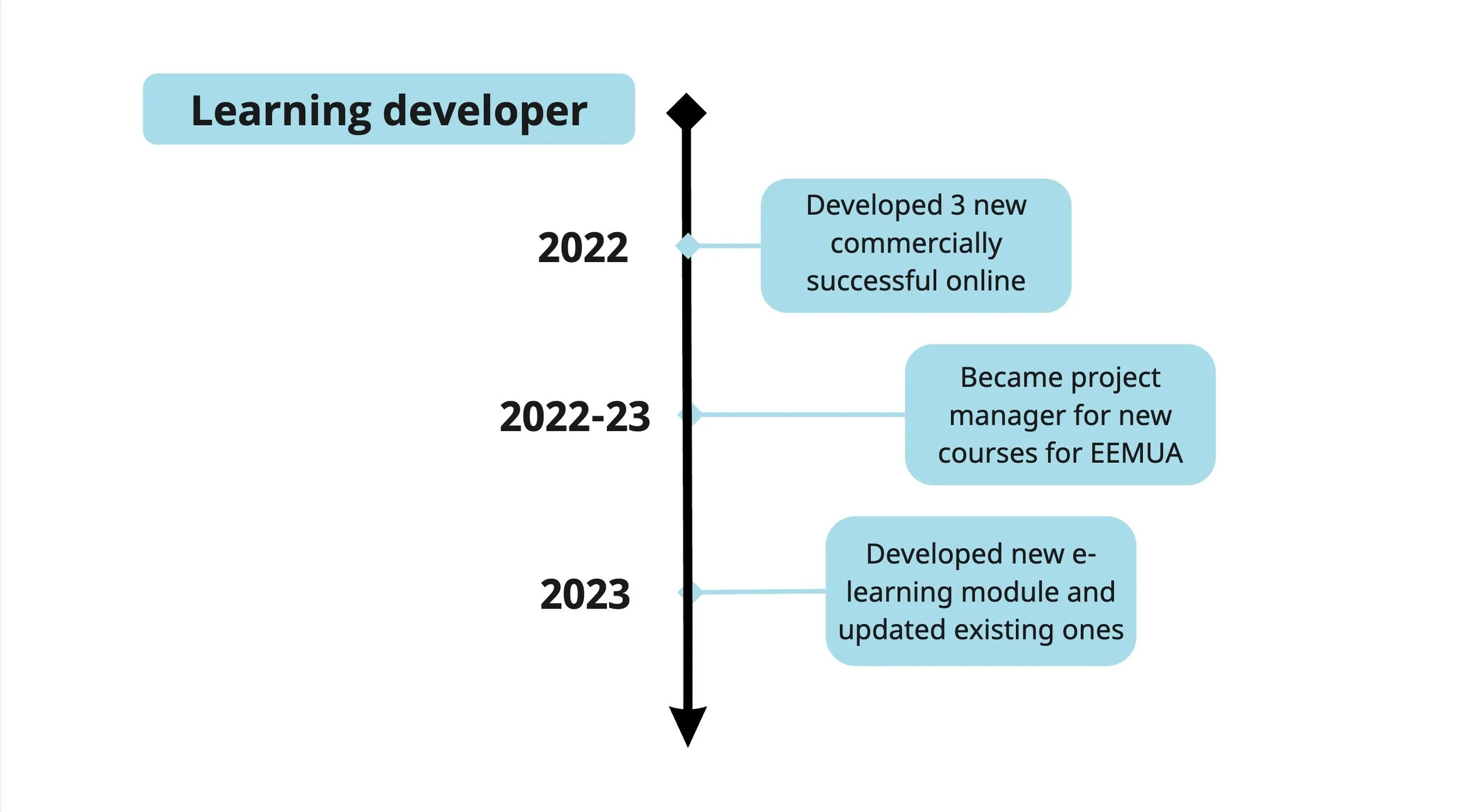 Diagram of my work as a learning developer: developing 3 new courses in 2022, becoming project manager at EEMUA in 2022-23, developing new e-learning modules in 2023