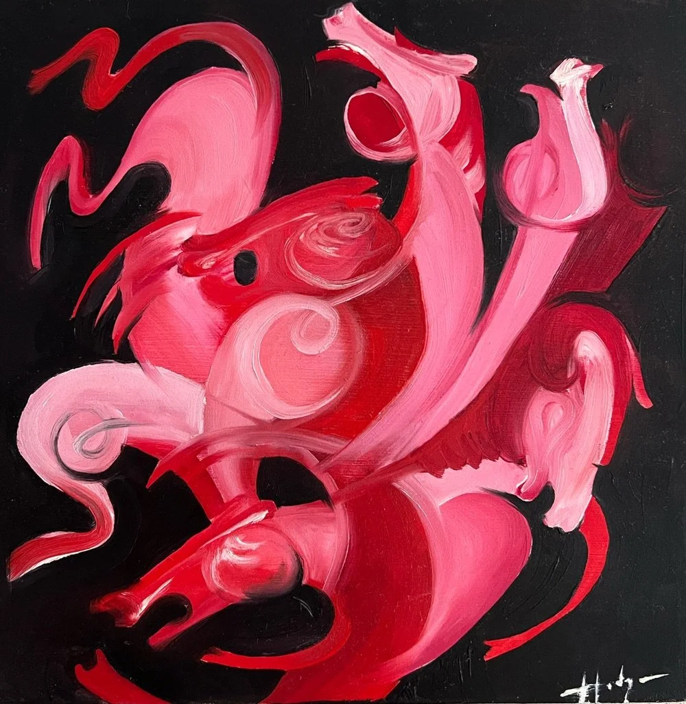 Pink Ponies, 2024, oil on wood board