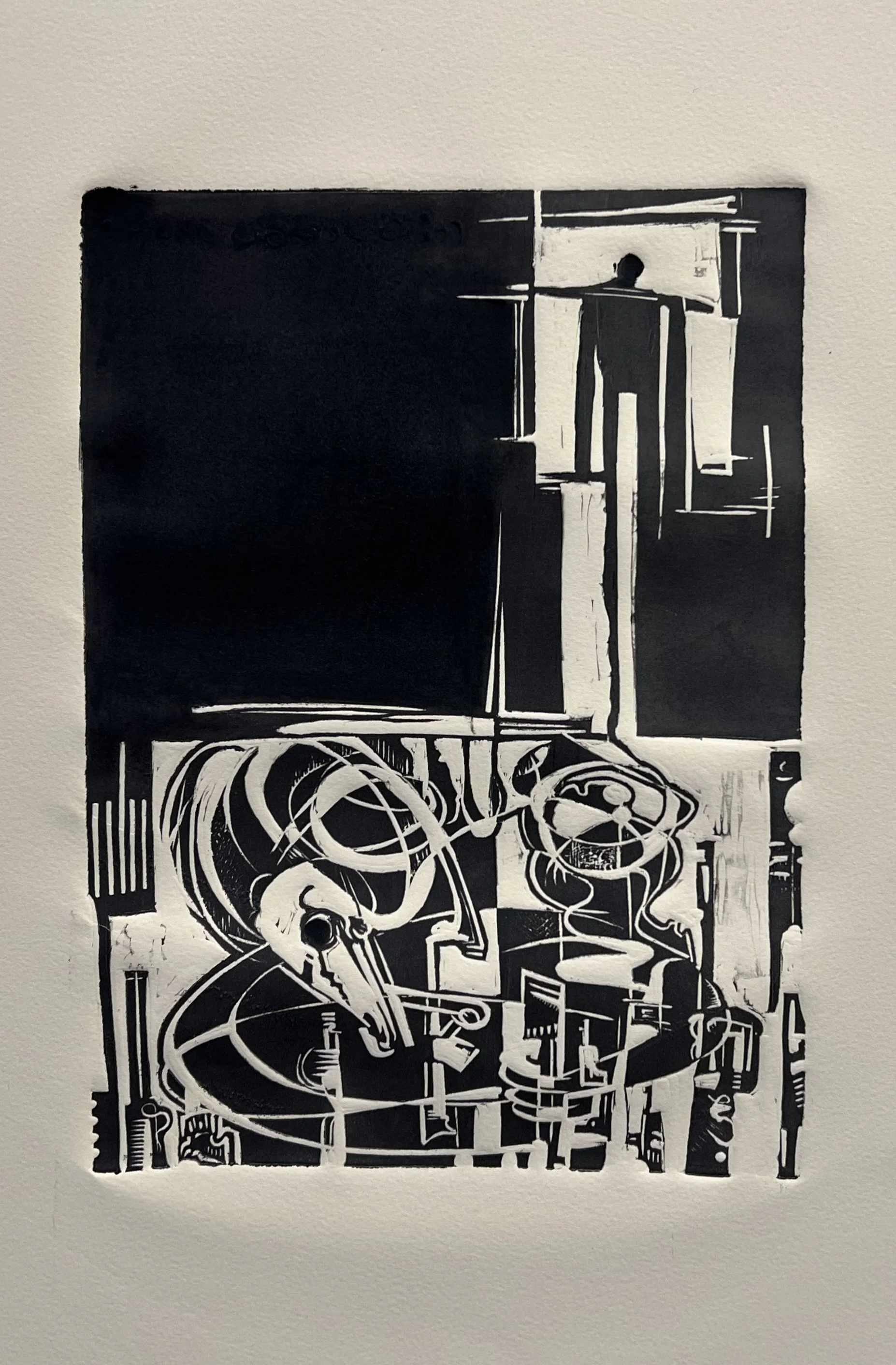 Waiting for you on the barn floor. 2023 linocut